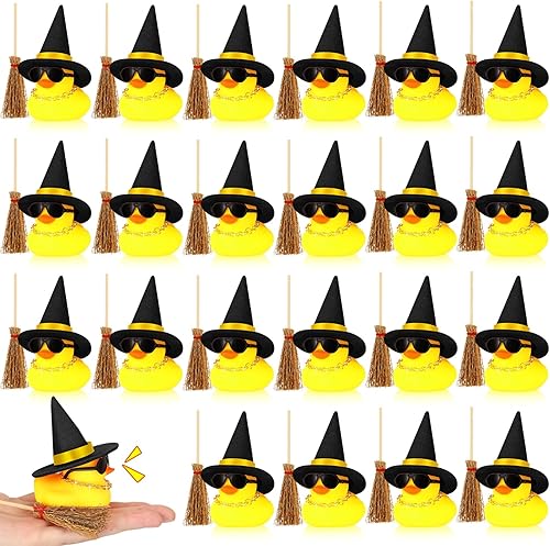 Jenaai 24 piezas de mini patitos de goma de Halloween con lentes de sol, collar, decoración de fiesta, 24 piezas de mini sombreros de bruja y 24