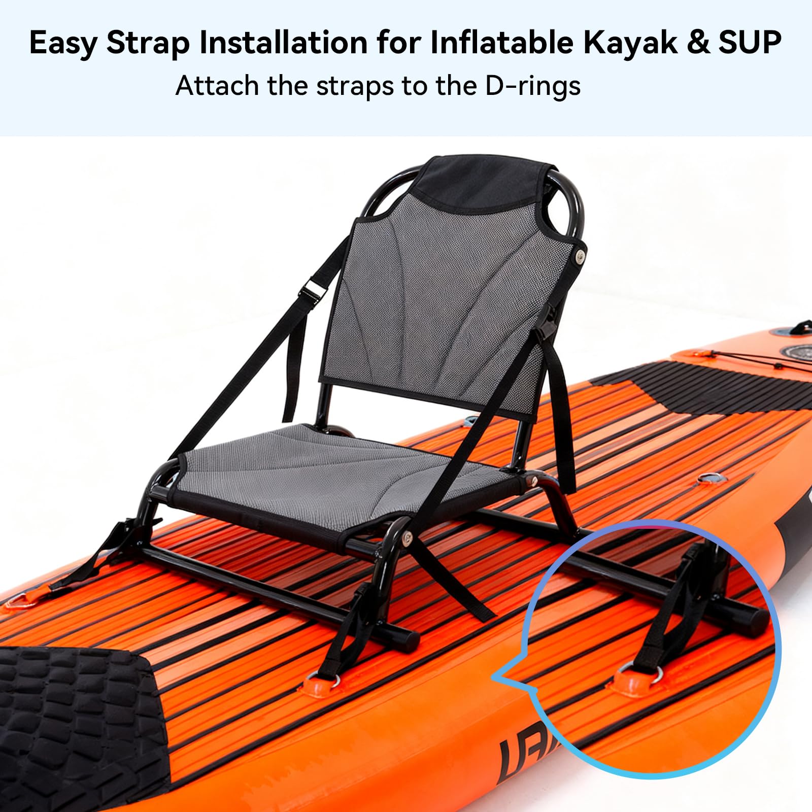 DUNDOO Kajaksitz mit Rückenstütze, Aluminiumrahmen, Kajaksitz, Doppelhalterung für aufblasbares Kajak, SUP-Board und Sit-On-Top-Kajaks, Gurt und Schienenhalterung, bequem und stabil