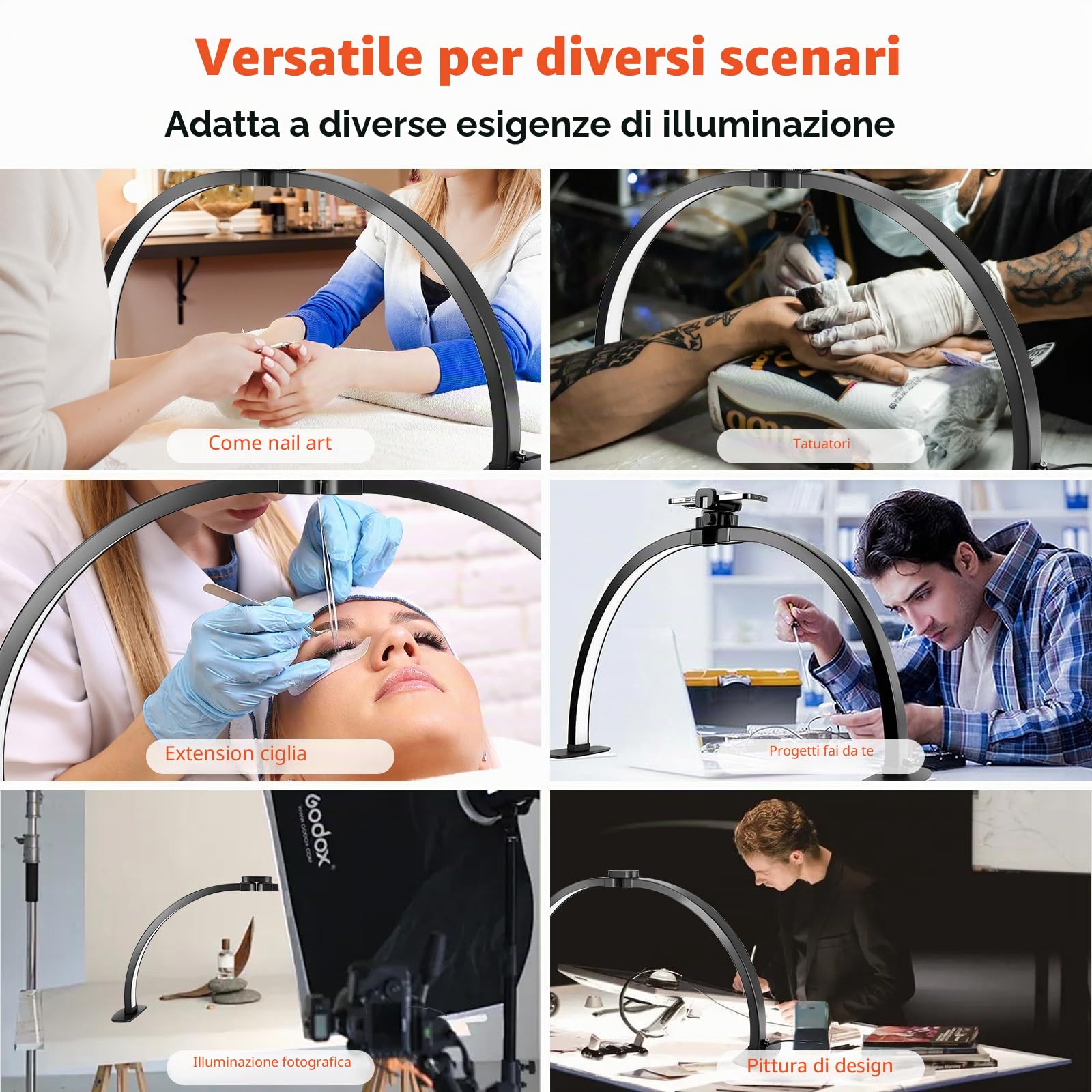 Lampada a mezzaluna per chiodo scrivania, lampada da tavolo per bellezza/ciglia/lettino cosmetico (quadrato - nero)