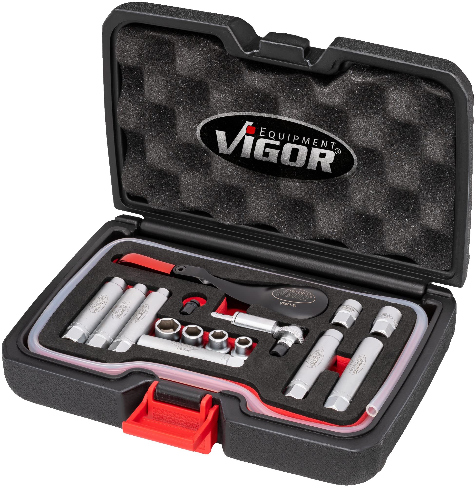 VIGOR Juego completo de purga de frenos V7471/17, 17 piezas, 7-12 mm | 1440 g, 17 piezas, 7 – 12 mm, uso cómodo gracias al trinquete especial ergonómico