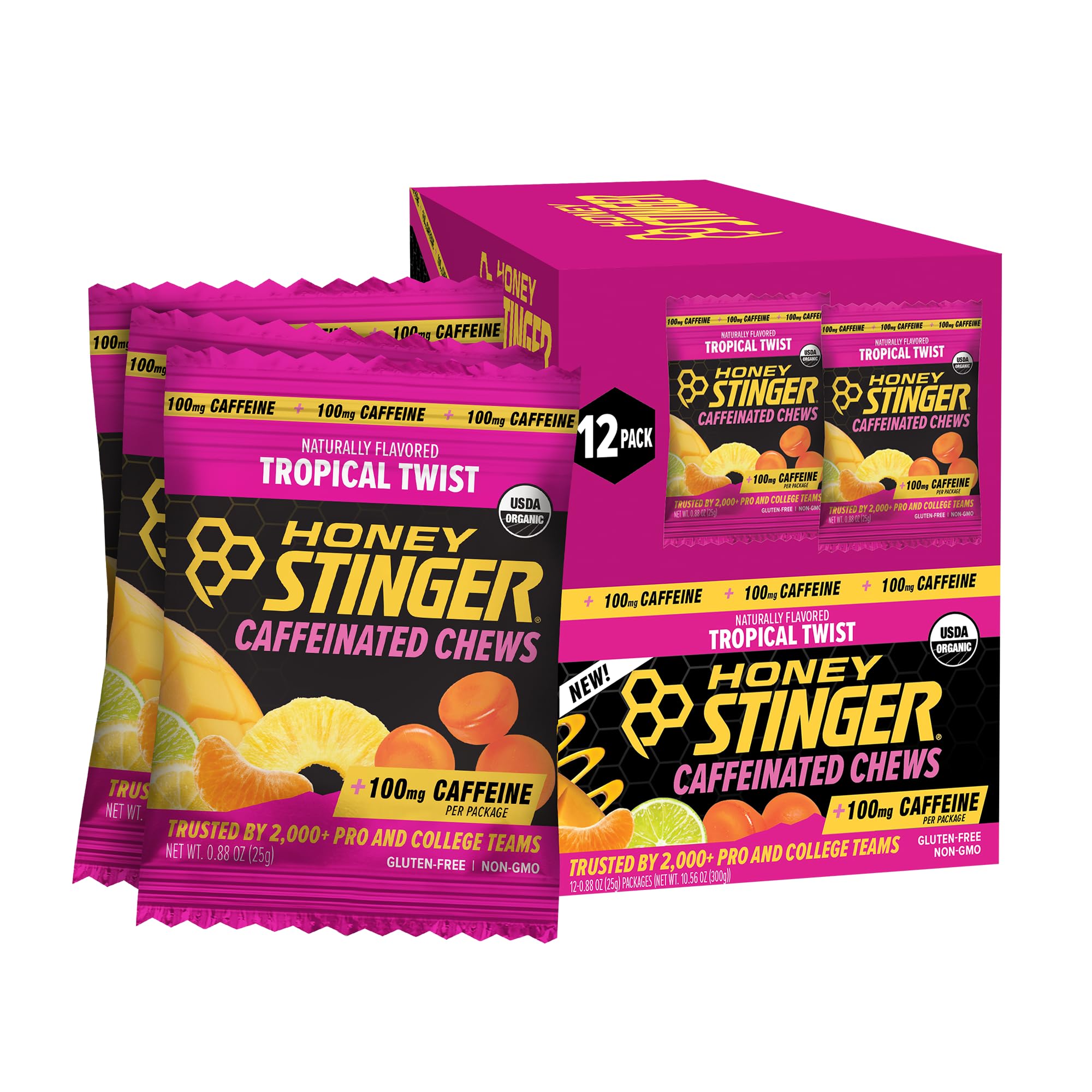 Honey Stinger Organic Tropical Twist Caffeinated Energy Chews, Gluten Free, with Caffeine, for Exercise, Running & Performance, 10.56 Ounces (Pack of 12) | sports-nutrition-endurance-and-energy-chews
