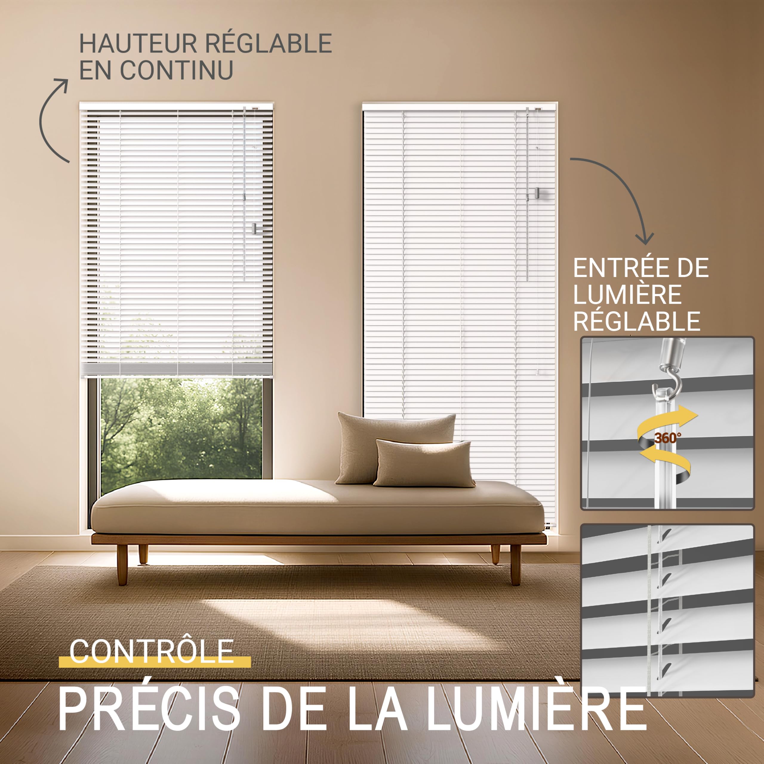 Sol Royal Store Vénitien sans Percage Aluminium 100x220 cm – Stores Vénitiens Intérieurs à Lamelles 25 mm – Store à Lamelles sans Percer – Protection Solaire & Visuelle – Blanc Brillant – JA2