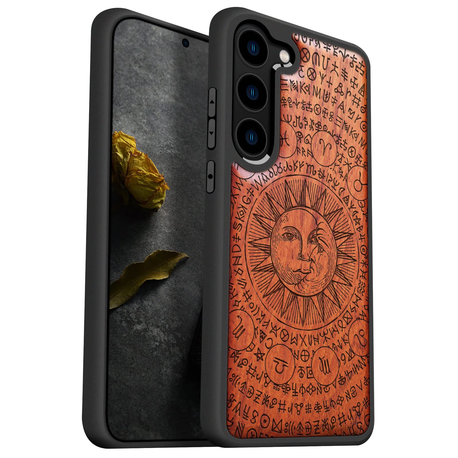 CarveitWood Case for Galaxy S23 Plus Case 2023 [Natural Wood & Black Soft TPU] Shockproof Protective Cover Unique & Classy Wooden Case Compatible with S23 Plus Case (Moon & Sun-Red Wood)