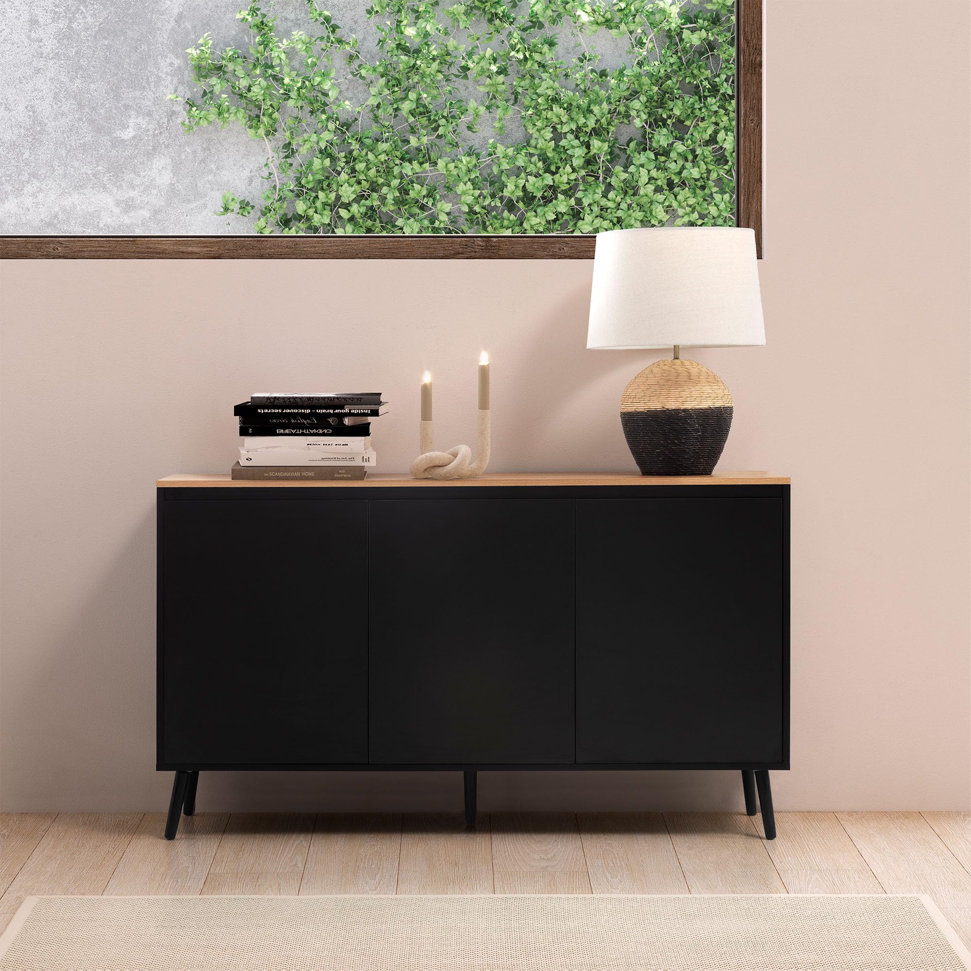 HOMN LIVING Aparador Desi 3 Puertas Color Negro, 140 cm (Ancho) 40 cm (Profundo) 80 cm (Altura)
