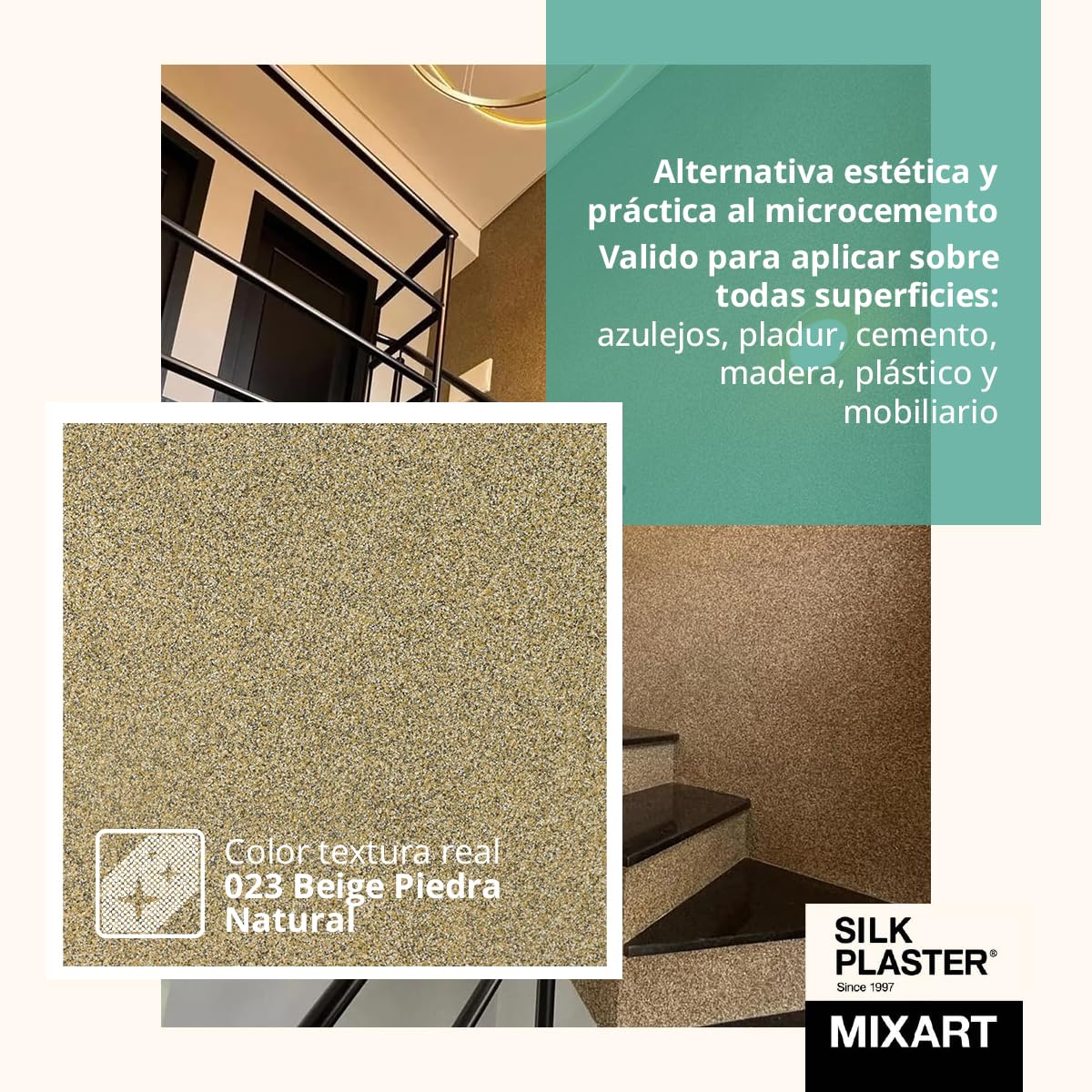 Mixart Revestimiento Decorativo de Piedra Líquida 2,5 Kg - Rendimiento hasta 2,5 M2 - Interior y Exterior - Efecto Piedra Natural - Beige Piedra Natural
