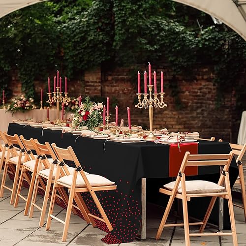 Miniatura 7 de Juego de 16 manteles desechables de plástico para fiestas y camino de mesa de satén negro y rojo, mantel de satén rojo para bodas, cumpleaños, baby