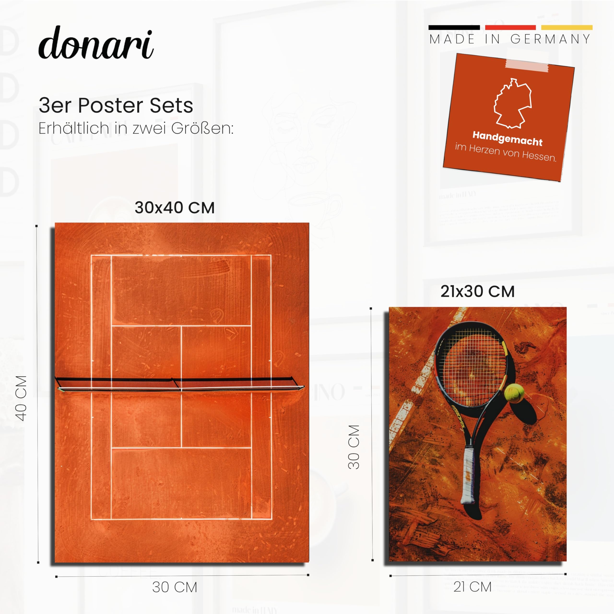 Donari Tennis Poster Set – Sportliche Wandbilder für Tennisfans | Dynamische Motive & moderner Stil | Premium-Druck | Perfekte Deko für Wohnzimmer & Sportzimmer (Set 3, 50x70 cm, Weißer Rahmen)
