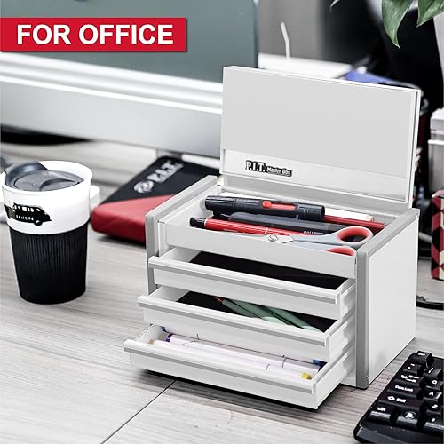 Miniatura 2 de P.I.T. - Minicaja de herramientas blanca, apilable, de acero, portátil, 3 cajones con bloqueo magnético, con forro, para almacenamiento de