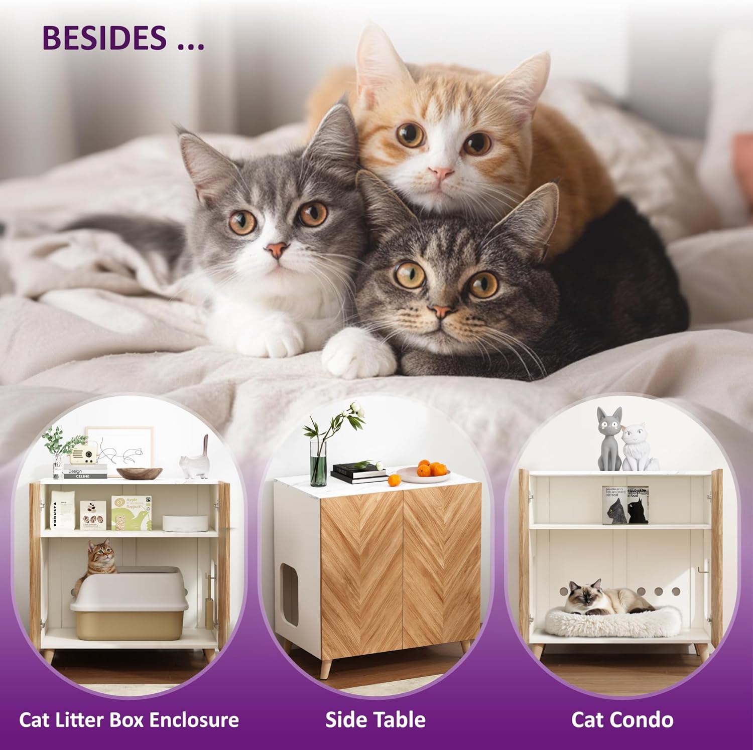 Cat Litter Box Enclosure, Hidden Litterbox Furniture Cabinet, Wooden Indoor Cat House, Herringbone Litter Cupboard Cabinet, Side Table for Living Room, Bedroom or Entryway, White