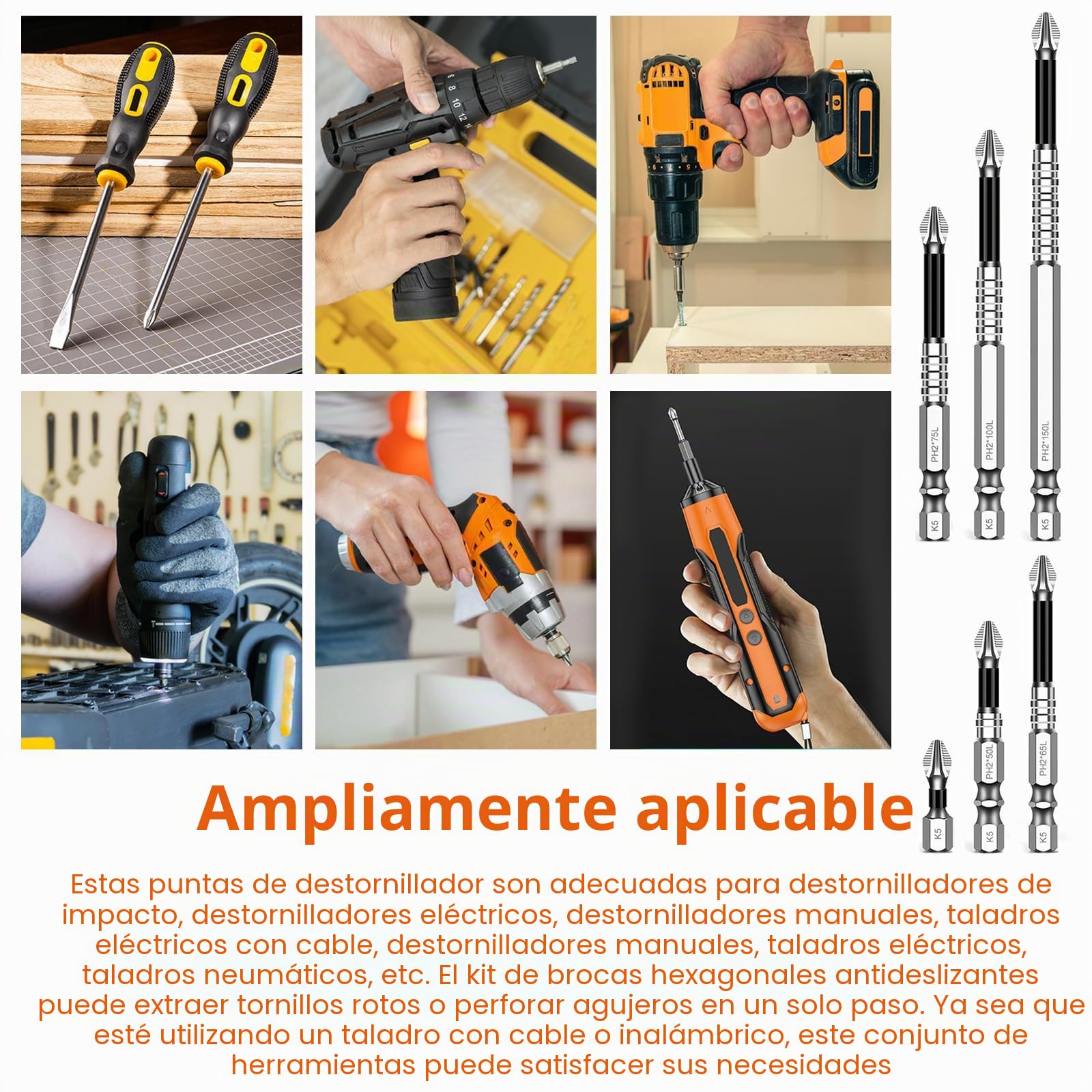 6 piezas de juego de brocas de destornillador antideslizante de alta magnetización con magnetizador, puntas de precisión resistentes a golpes para taladros eléctricos y atornilladores de batería