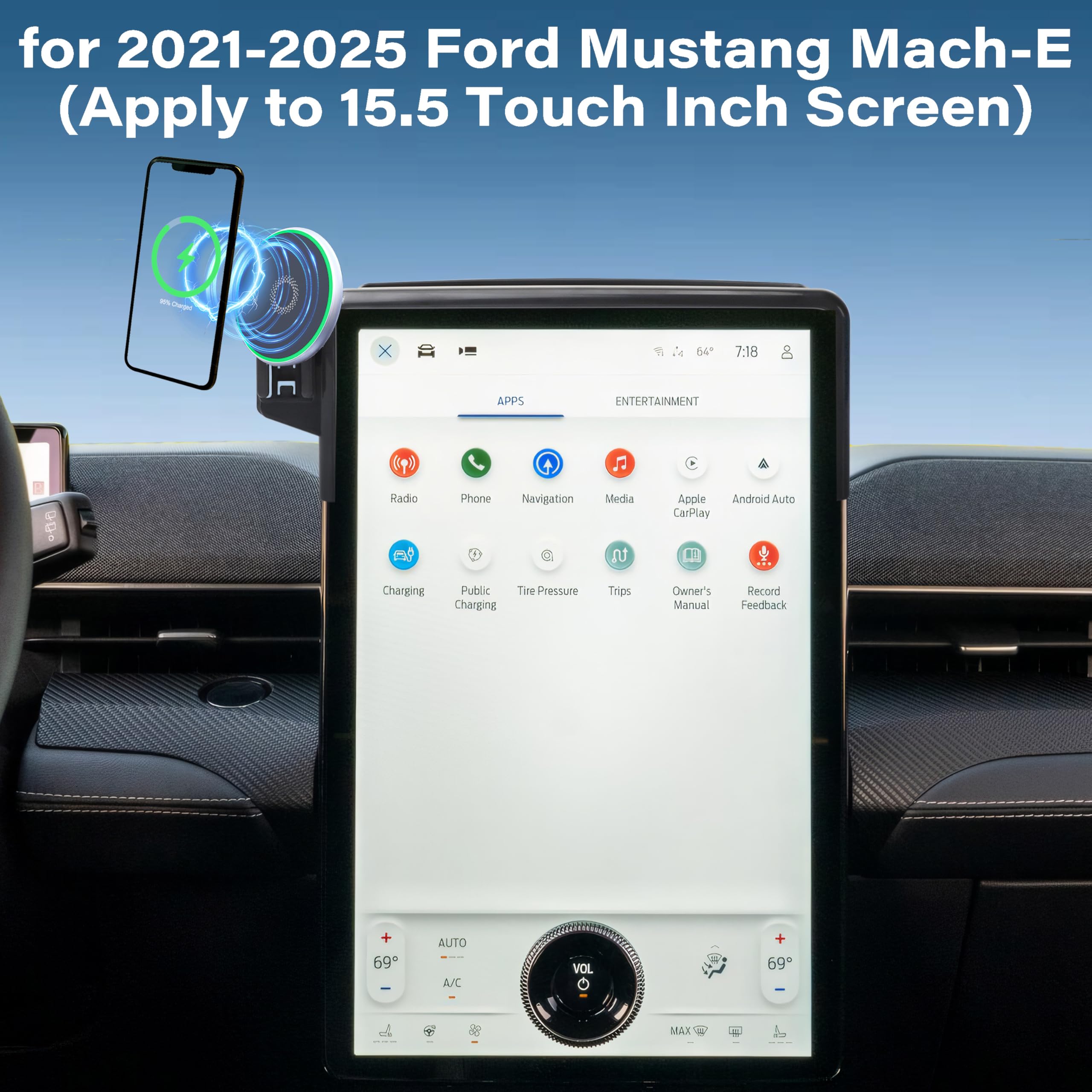 Bezprzewodowa ładowarka samochodowa uchwyt na telefon do Ford Mustang Mach-E 2021-2025, akcesoria do ekranu 15,5 cala, uchwyt na telefon komórkowy obracany o 360° z Magsafe