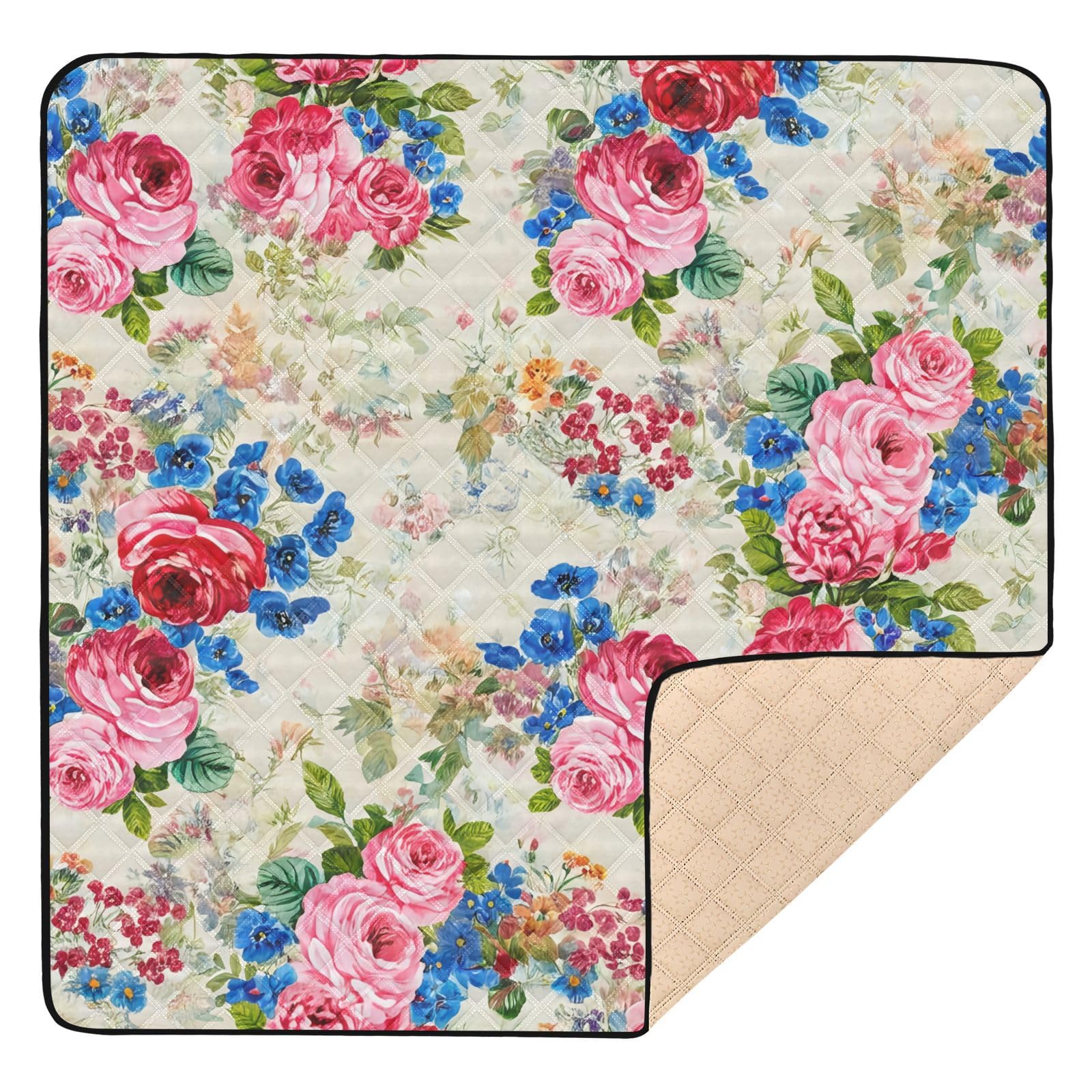 BOESI Graffiti Pink and Blue Flower Baby Play Mat, 50“ X 50” Washable Folding Crawling Mat, Baby Floor Mat, Soft, Non-Slip
