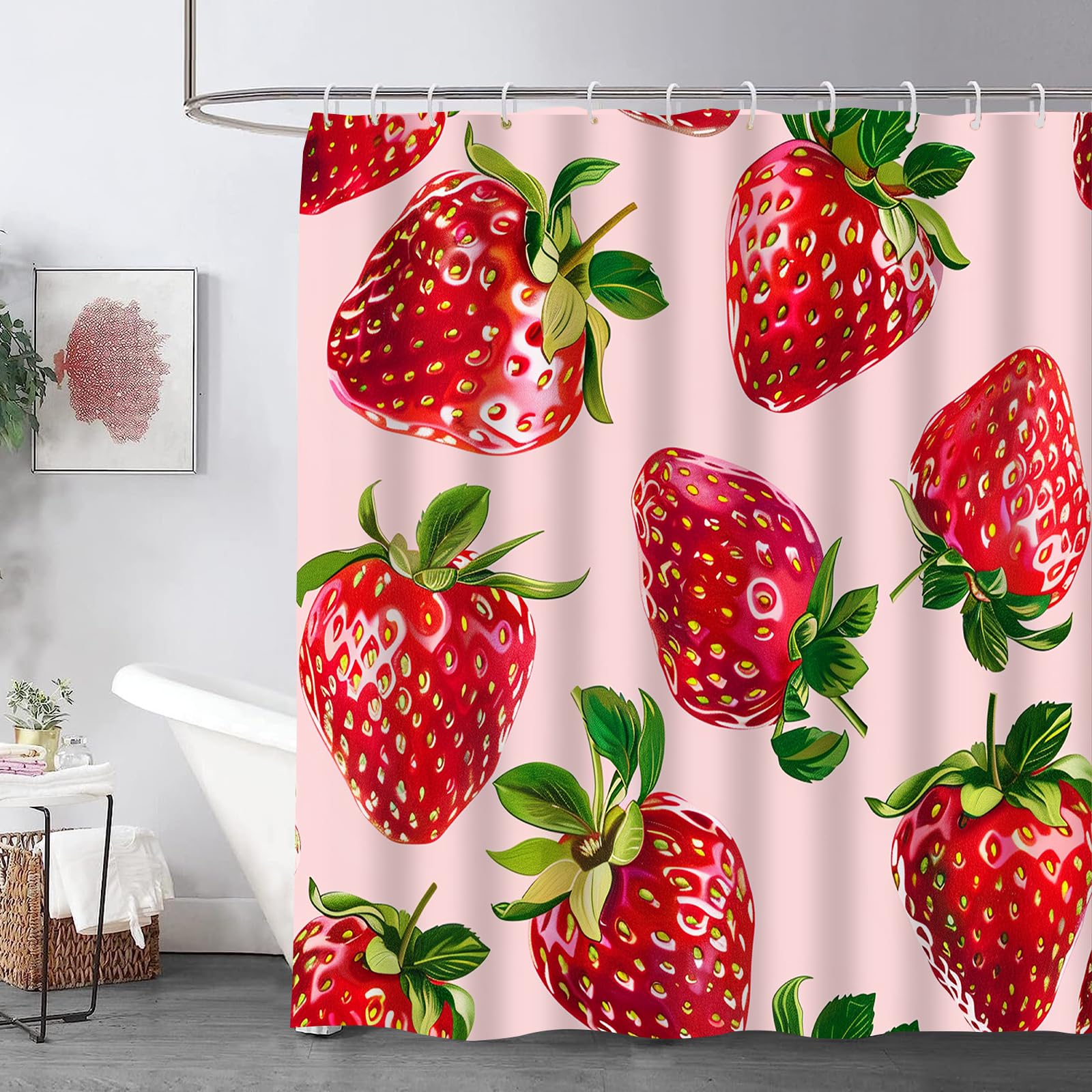 VANZEVStrawberry Shower Curtain for Women Girls, Pink Fruit Shower Curtain Set with 12 Hooks, Waterproof Polyester Fabric Bathroom Decor Gifts 72x72 Inch