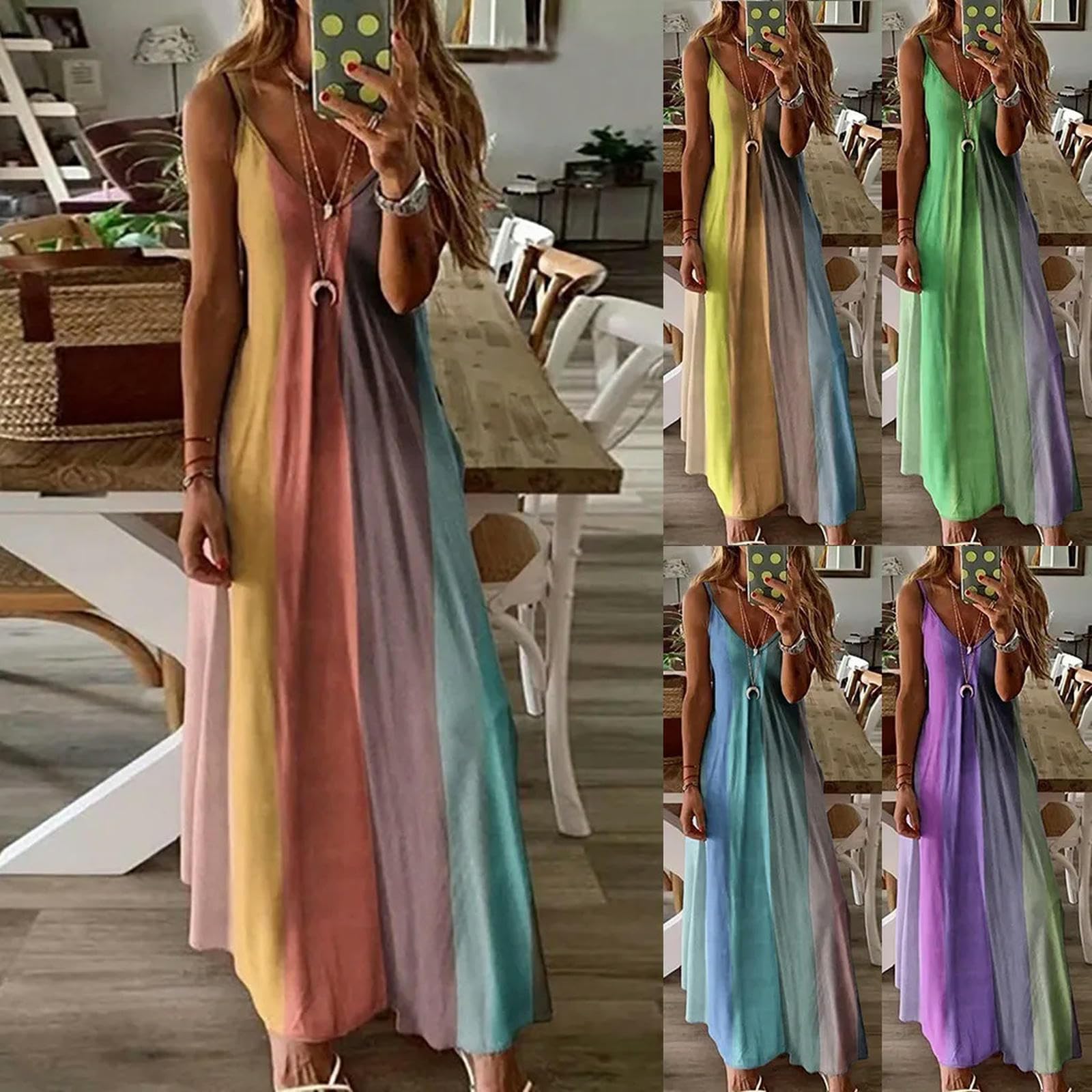 Vestido de Talla Grande para Mujer, Vestido Largo Informal de Verano con Estampado Degradado, Vestido Largo Elegante con Cuello en V y Tirantes sin Mangas, Vestido de Playa Maxi