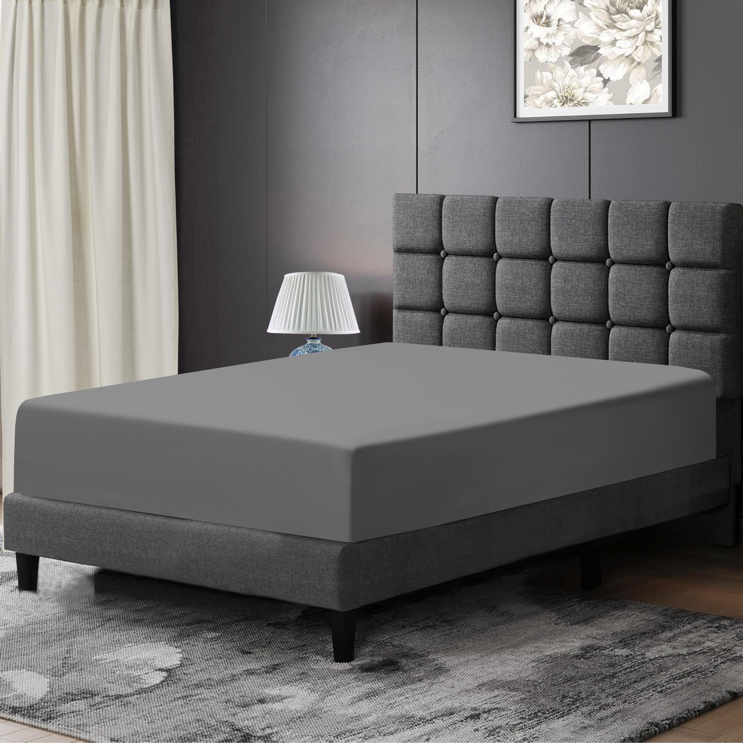 100% Egyptian Cotton Fitted Sheet Fit for up to 30cm Deep Mattress Pocket 300 Thread Count Soft, Fade & Wrinkle Resistant Hotel Quality Bottom Fitted Sheet (Gray, Single)
