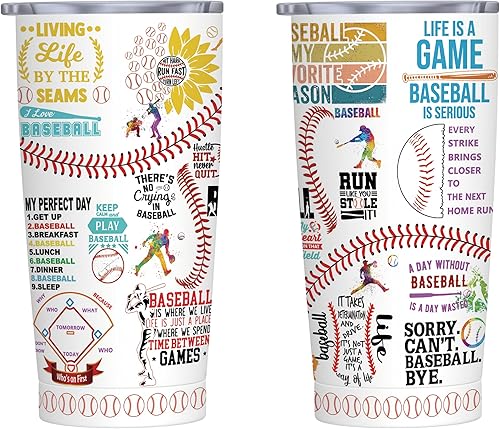 Miniatura 2 de Vaso de béisbol con tapa, regalos de cumpleaños para amantes, taza de café al vacío de acero inoxidable para mujeres y hombres, 20 onzas