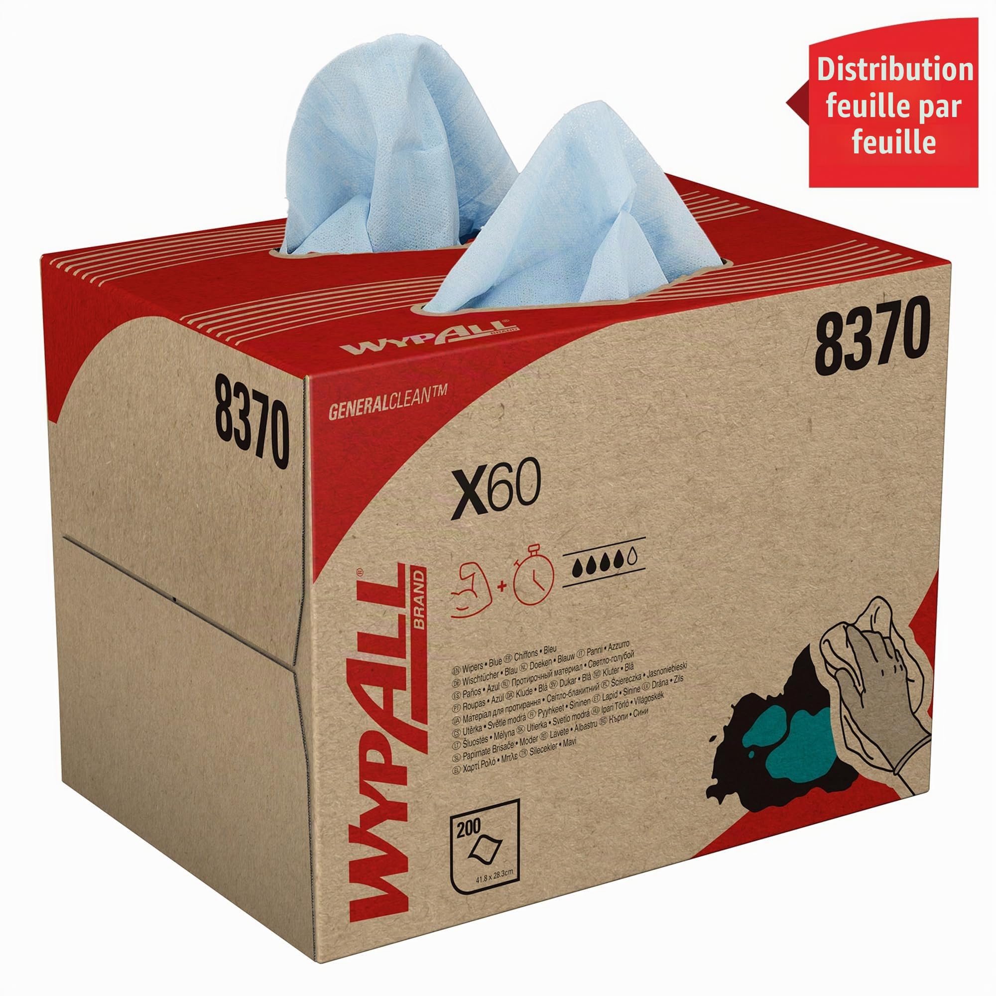 Chiffons WypAll X60 General Clean 8370 - Chiffons de nettoyage bleus - 1 boîte BRAG x 200 chiffons d'essuyage (200 au total)