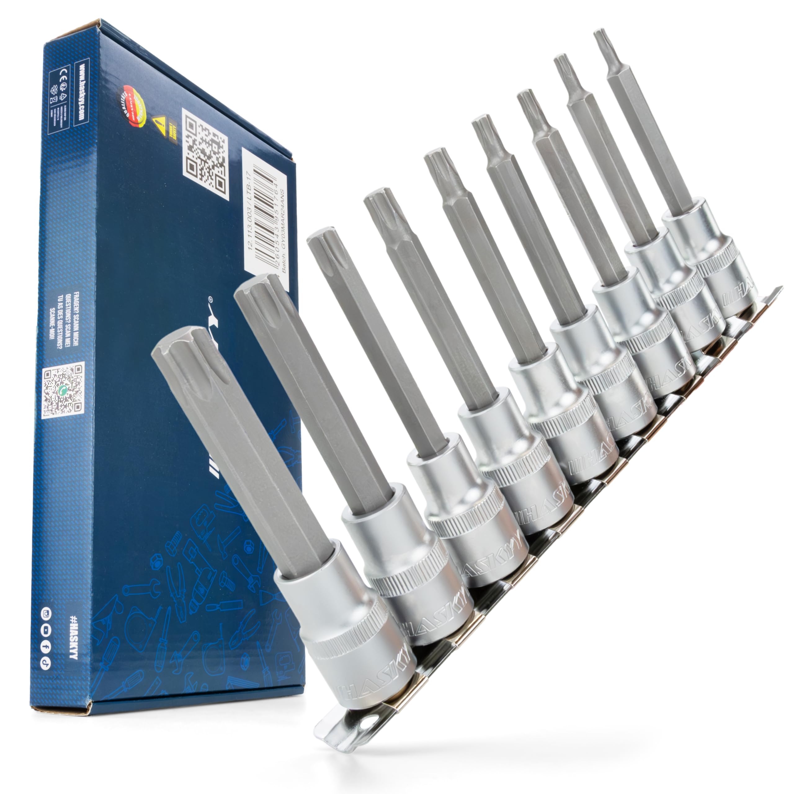 HASKYY Set di punte Torx, lunghezza 100 mm, T20-T60 1/2" (12,5 mm), chiave a bussola quadrata, 9 pezzi