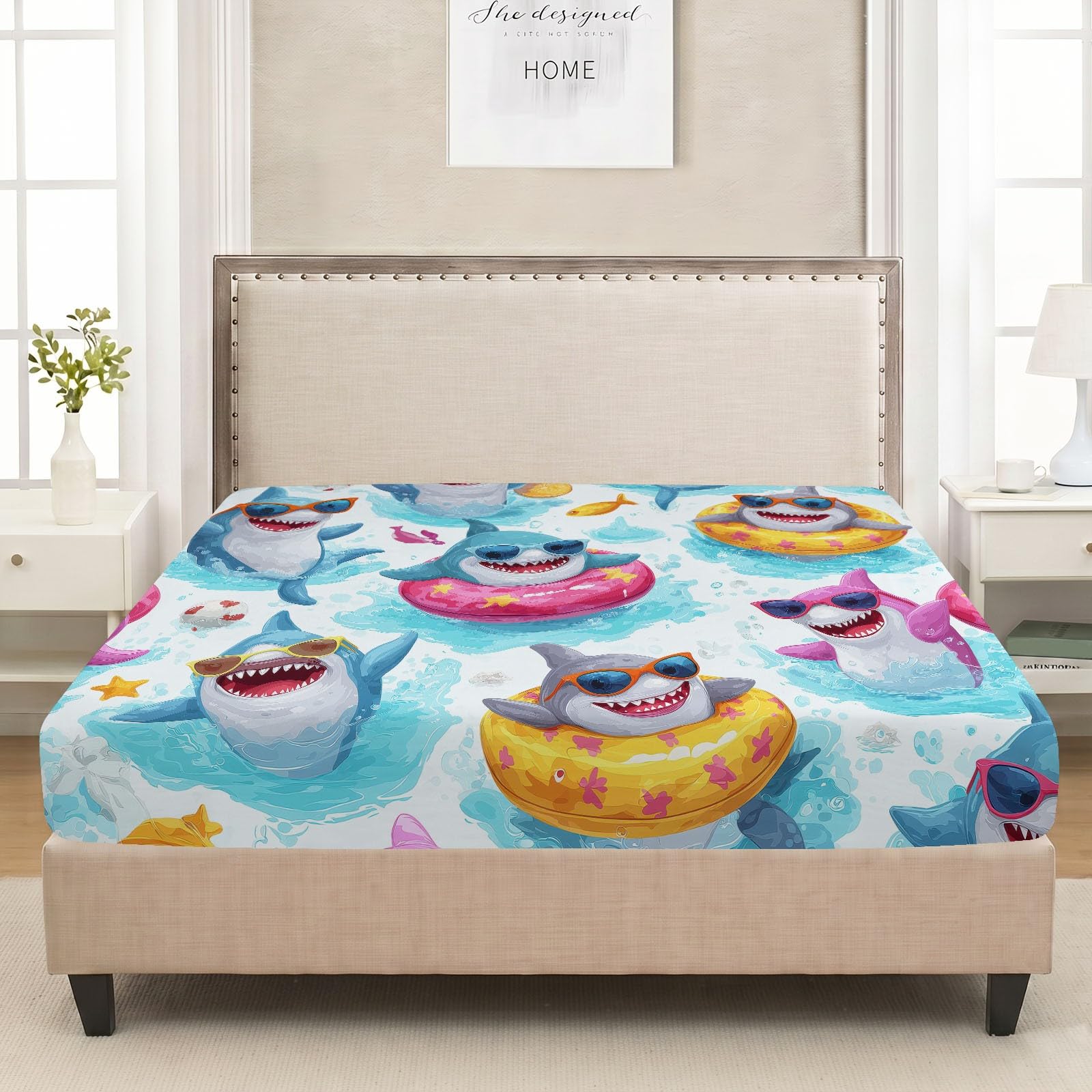 Prześcieradło z gumką z motywem kreskówki, 90 x 200 cm, miękkie, oddychające mikrowłókno – zwierzęcy, śliczny rekin, koło do pływania, prześcieradło z gumką do łóżka kontynentalnego i łóżka wodnego