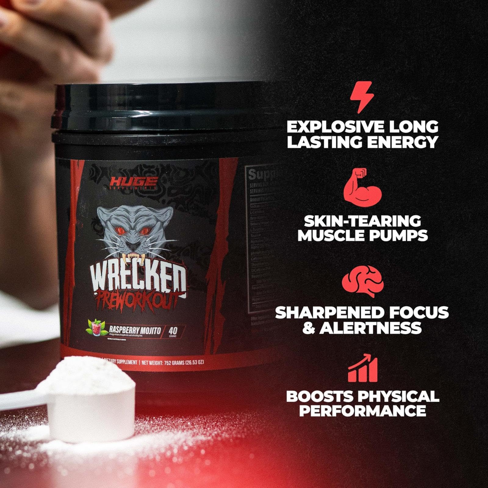 Wrecked Pre Workout Powder, Advanced Formula, Boosts Energy, Focus, Pumps & Performance, Per 2 Scoops: 10g L-Citrulline, 6.4g Beta Alanine, 5g Tyrosine, 1g Alpha GPC, 300mg Caffeine Anhydrous & More — Amazon image 5
