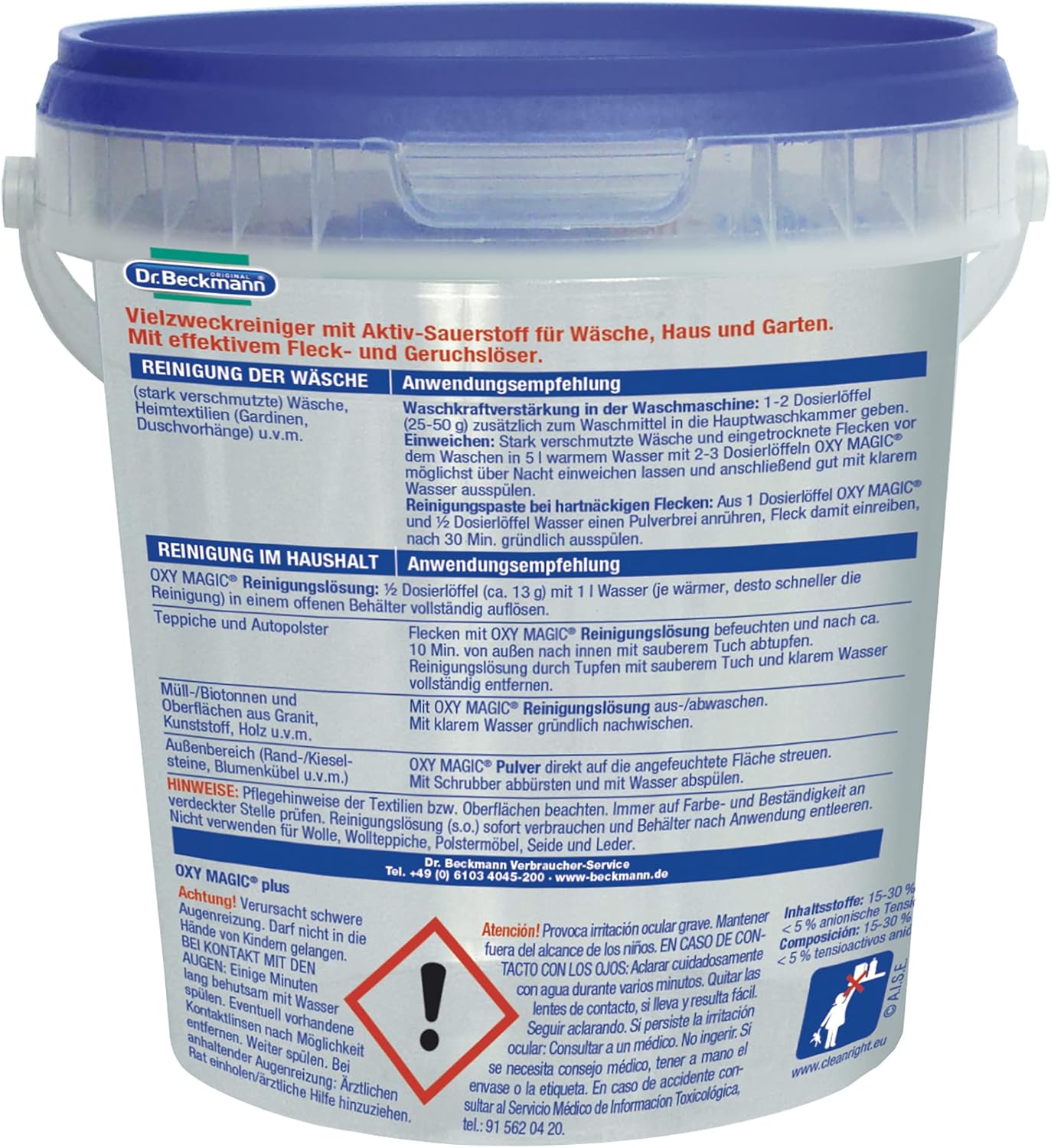 Dr. Beckmann Oxy Magic Plus back label with safety warnings