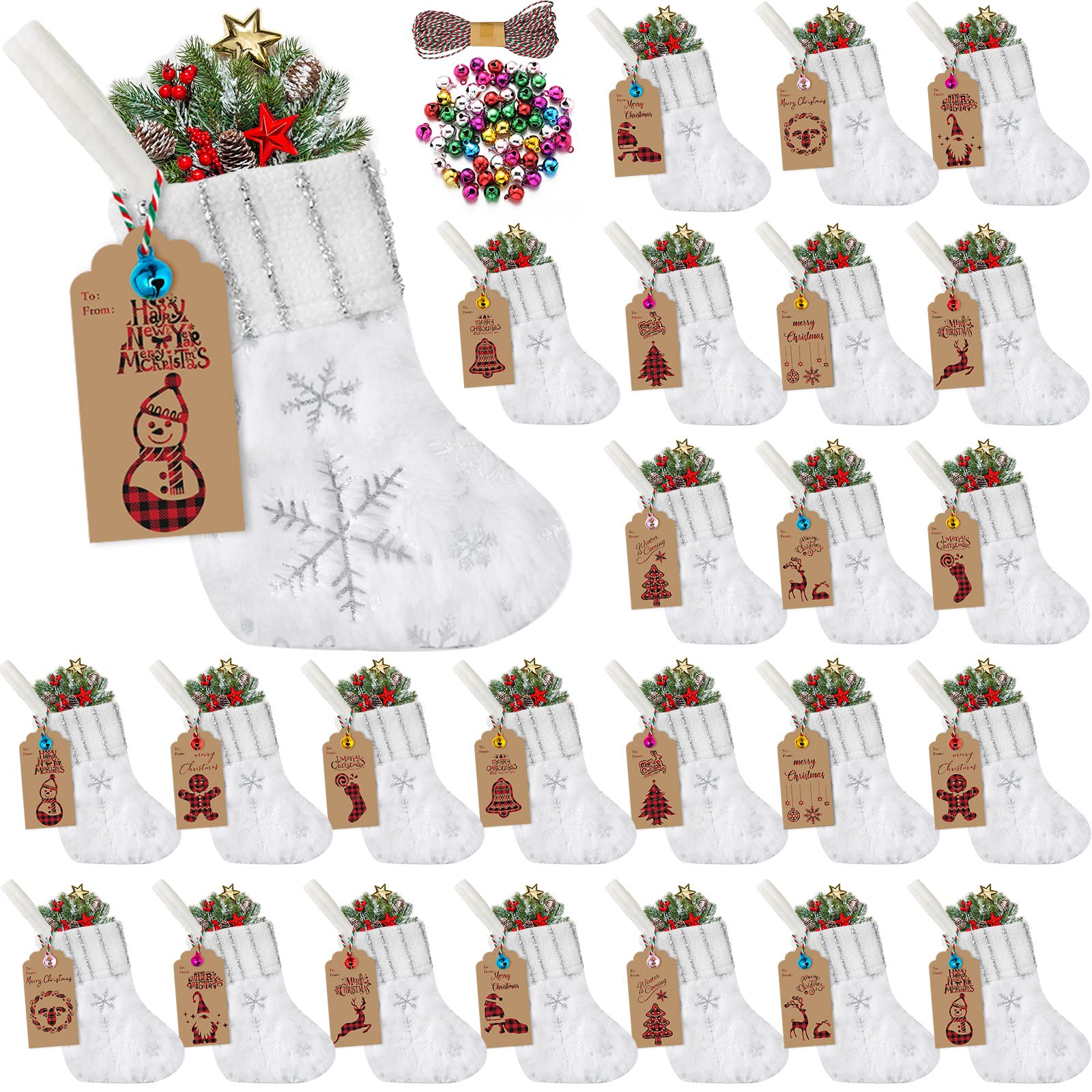 Glimin 24 Set Mini White Christmas Stockings Set 6 Inch Faux Fur Xmas Hanging Stocking Small Plush Xmas Stocking with Sequin Snowflake Christmas Kraft Gift Tags (Silver, Simple)