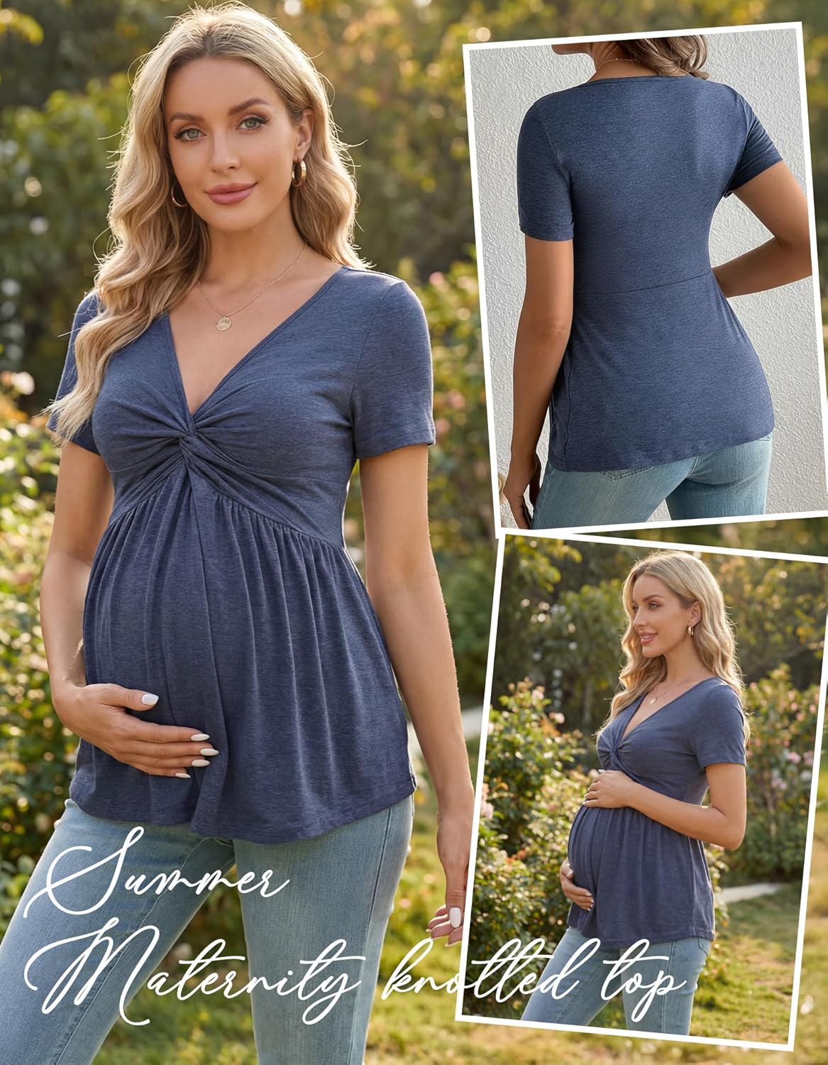 3 Pack V Neck Front Knotted Maternity Tops Short Sleeve Ruched Pregnancy Tunic Shirts Summer Casual Empire Waist Top