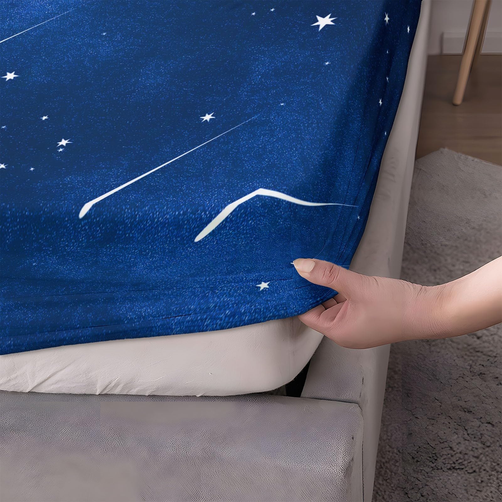 Pojedyncze prześcieradło z gumką, niebiańskie gwiazdy nocnego nieba, głęboka kieszeń, 30 cm, łatwe w pielęgnacji, oddychająca miękka tkanina, odporne na kurczenie się i blaknięcie, z 2 poszewkami na