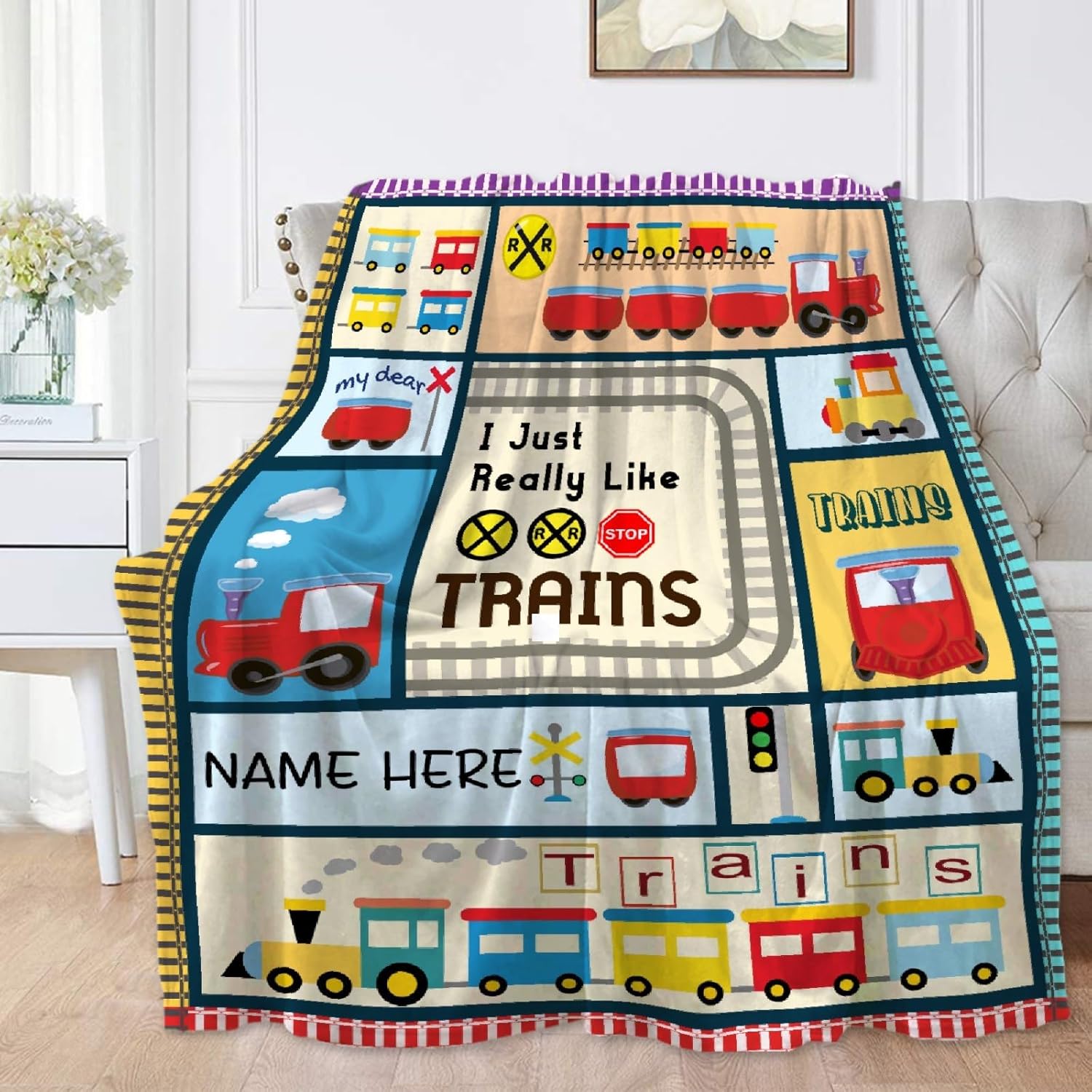 Train Blanket Custom Name Train Gifts for Men Boys I Just
