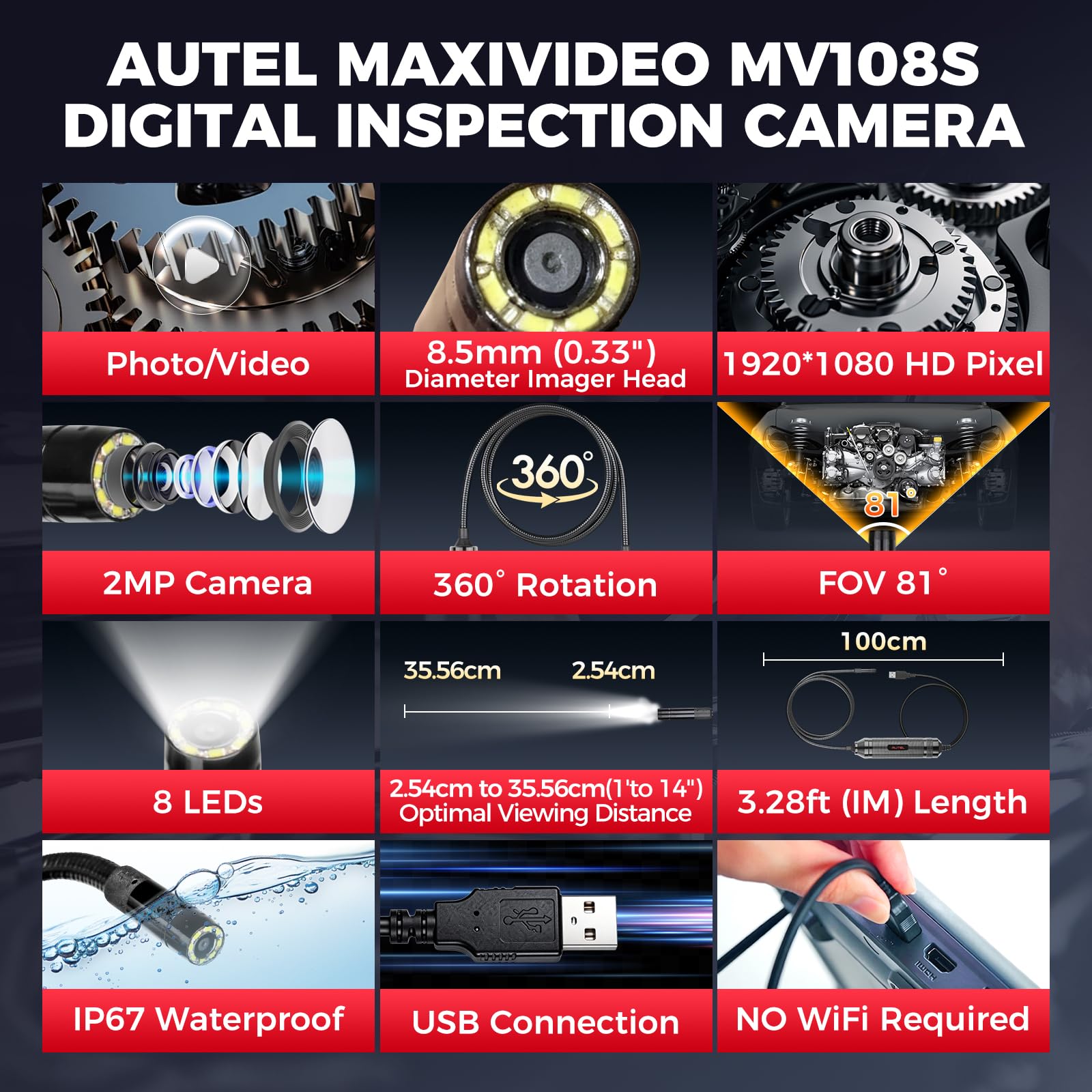 Autel MaxiVideo MV108S Digitale Inspektionskamera, 2026 Aktualisiert von MV108 MV105S, 8,5mm USB Endoskopkamera, IP67 Wasserdicht, 1920P HD Rohrkamera, 1M Flexible Kabel für Autel Kfz Werkzeug & PCs