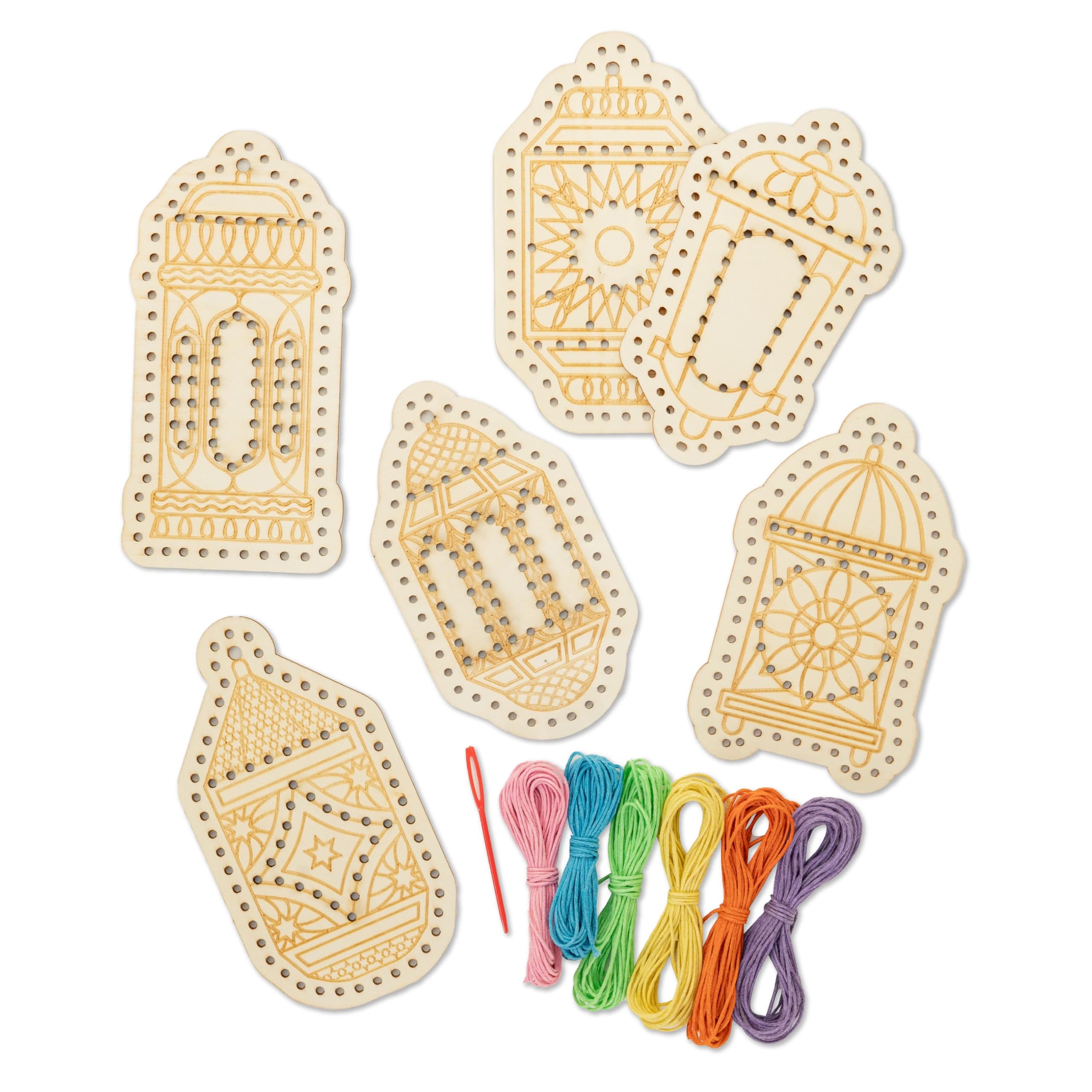 Papierdrachen Fädel-Set Laternen zu Ramadan - 6 Formen mit Plastik-Nadel u. 6 bunten Fäden - Feinmotorik üben für Kinder - Set 1