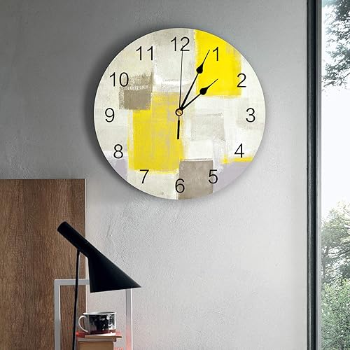 Miniatura 2 de Reloj de pared de PVC amarillo y gris, 10 pulgadas, silencioso sin tictac, funciona con pilas, reloj redondo de pintura de arte abstracto moderno