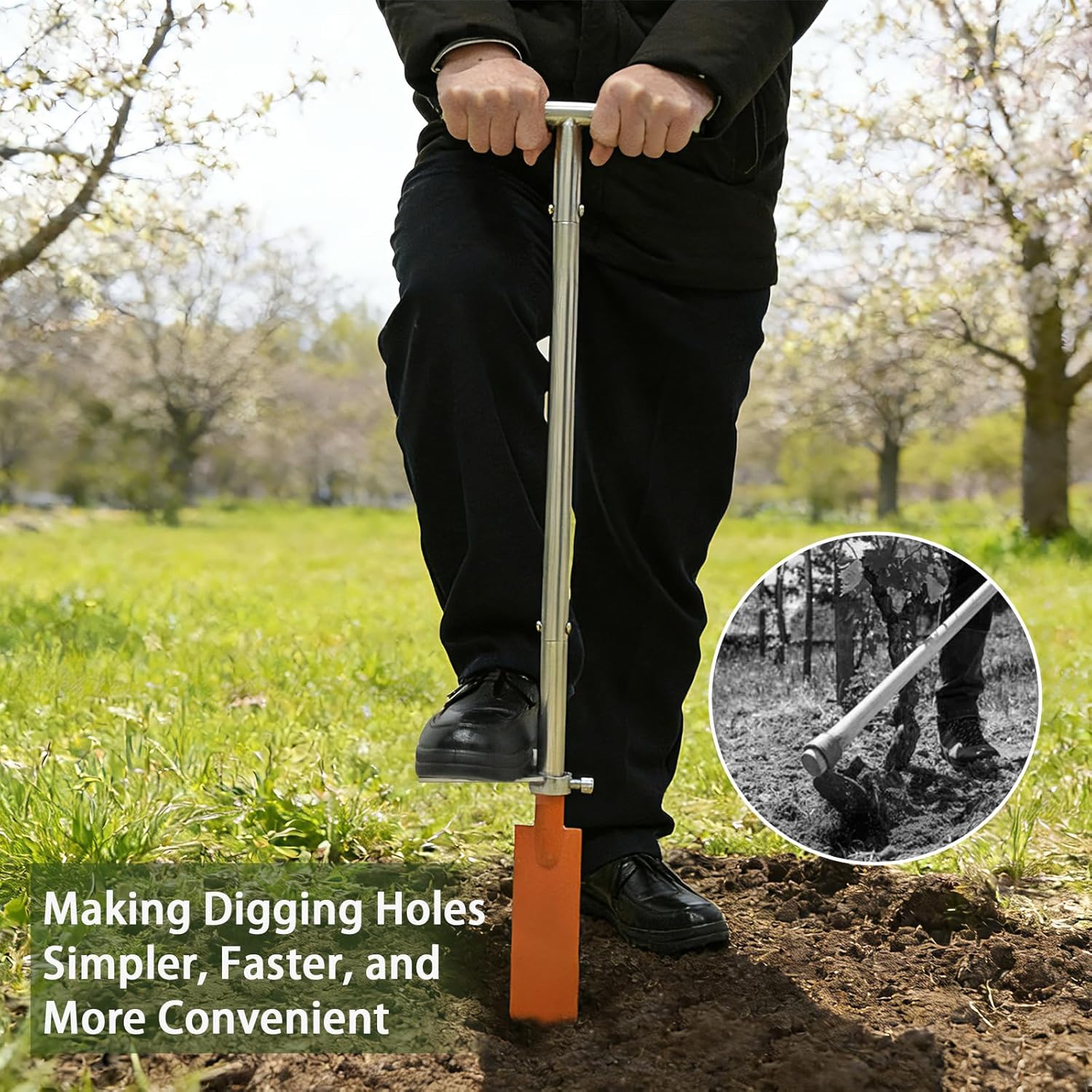 dibble bar planting tool with foot pedal, sturdy construction tree planting bar with stainless steel pole, t-handle dibbler gardening tool digging bar long triangle triangle pro
