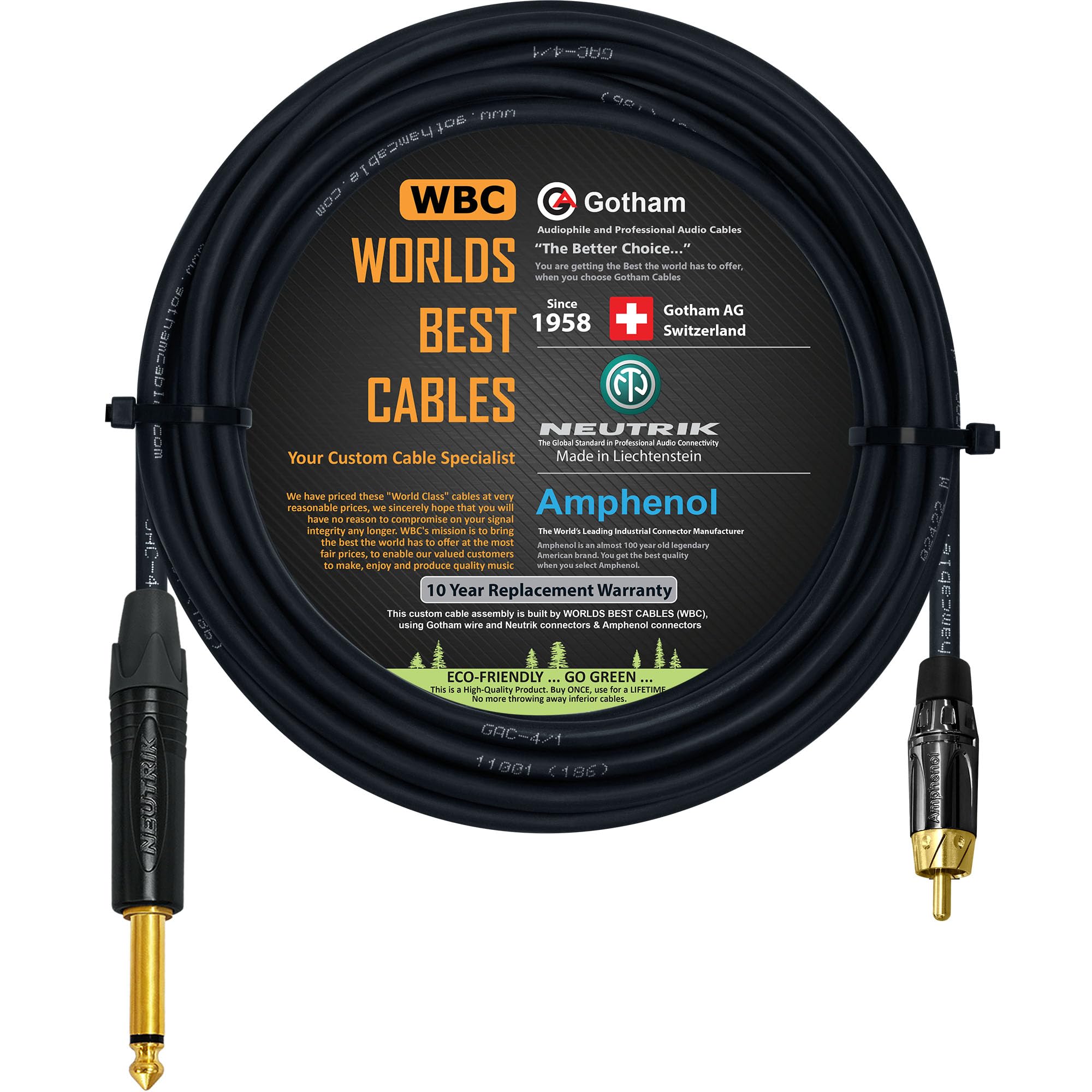 WORLDS BEST CABLES 30 Foot – TS to RCA Cable – Gotham GAC-4/1 (Black) Star-Quad Audio Interconnect Cable & Neutrik NP2X-B & Amphenol ACPL-CBK Gold