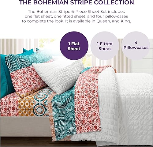 Miniatura 4 de Lush Decor Juego de sábanas a rayas bohemias, juego de ropa de cama colorido de 6 piezas, diseño de rayas bohemias llamativas, suaves, cómodas y