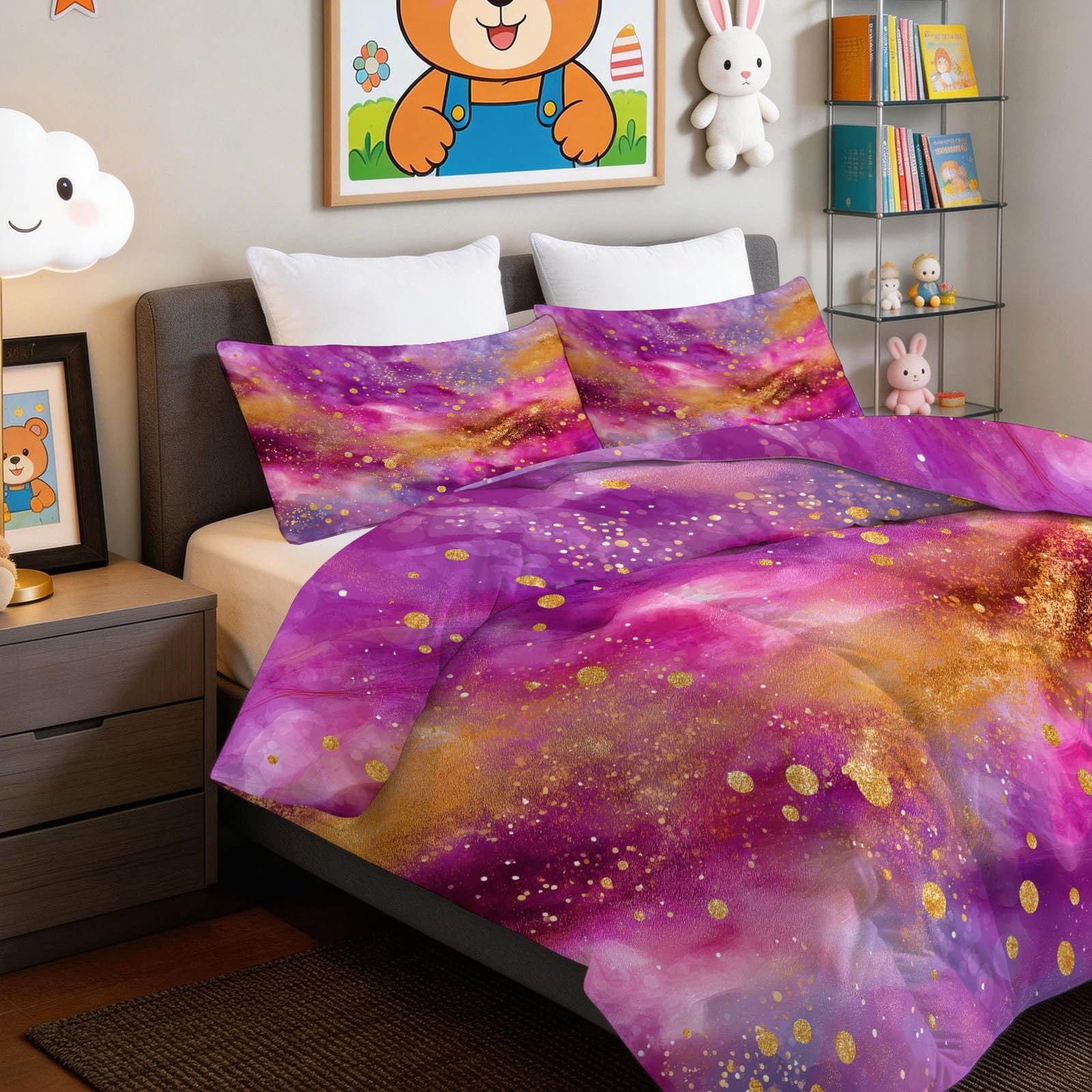 Generisch Traumhaft Mode - Piumino senza rivestimento, 135 x 200 cm, viola fluido con lamina dorata, ipoallergenico, per tutto l'anno, con 2 federe da 80 x 80 cm, reversibile, lavabile, 4 stagioni