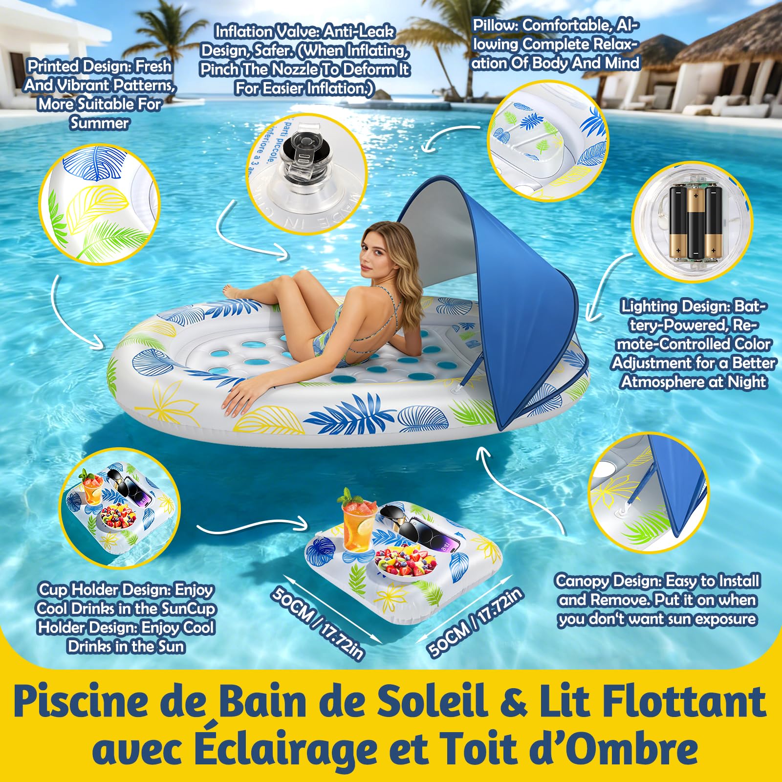 JONRRYIN Flotador Inflable Piscina, Flotador Inflable de Bronceado para Adultos con Toldo Desmontable e Iluminación, Colchoneta Hinchable Piscina para Playa Fiestas Verano