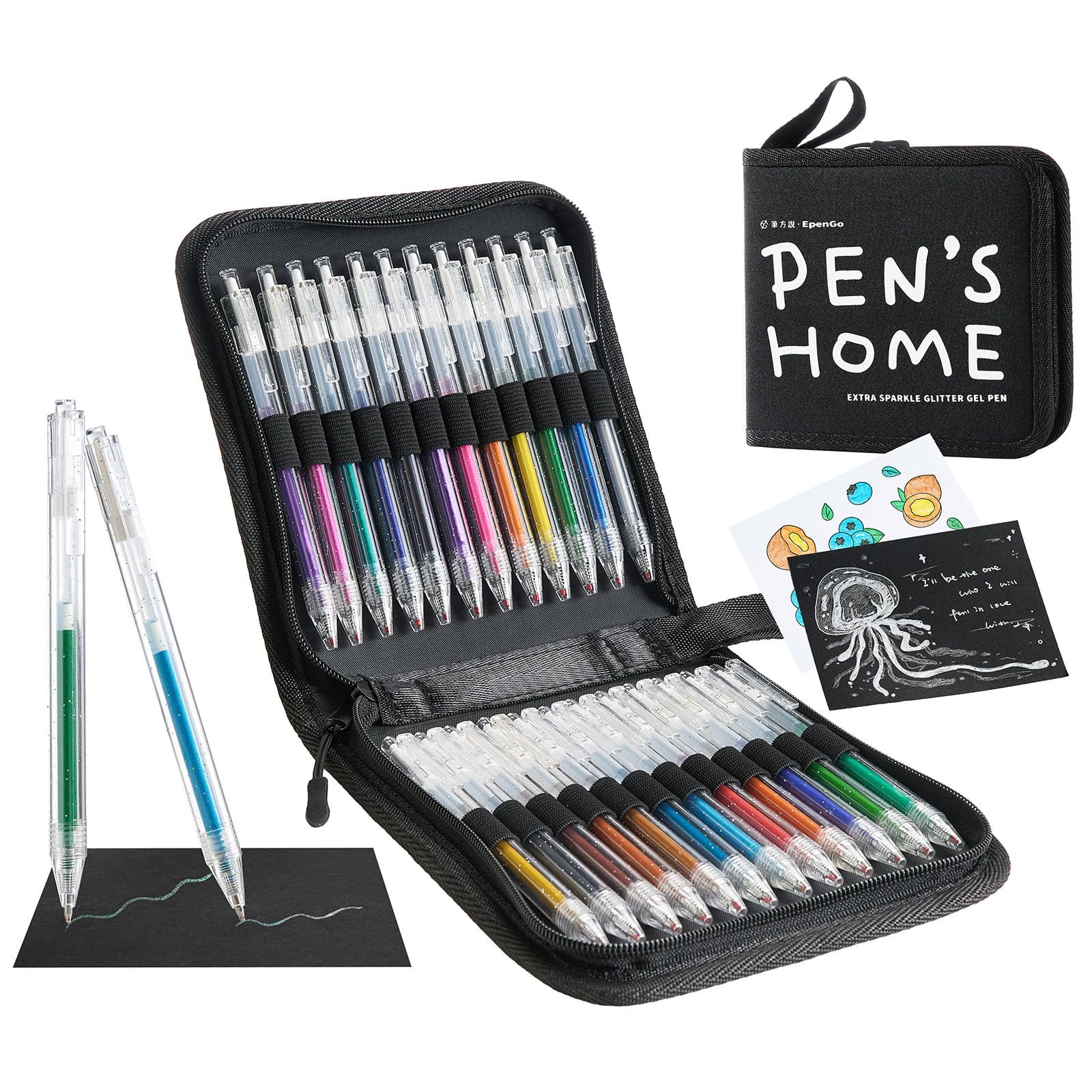 Click Glitter Gel Pen Set with Portable Storage Case, 24 Colors 1.0mm Tip,Black