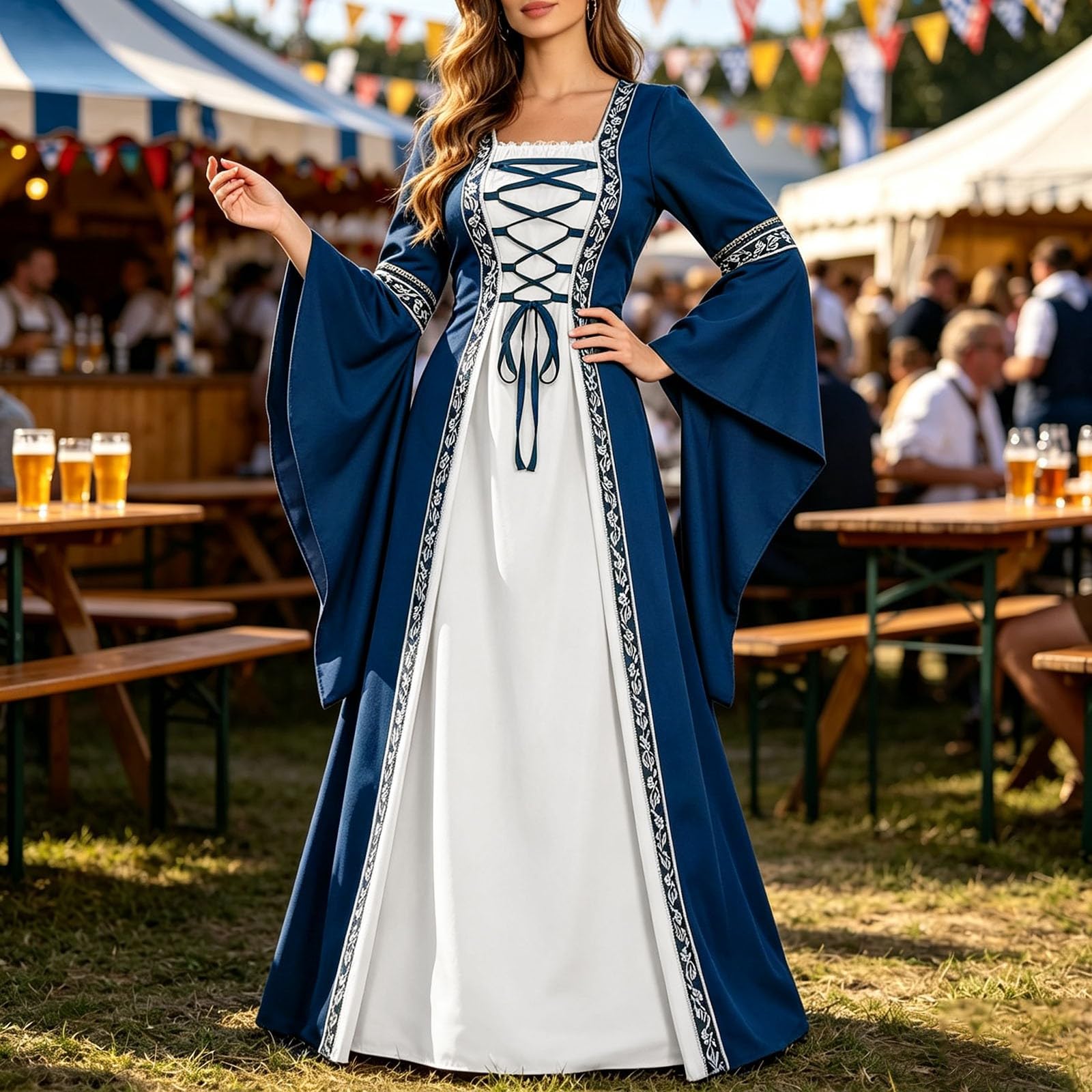 Damen Trachtenkleid Dirndlkleid Midi mit Dirndlschürze Trachtenmode Oktoberfest Outfit Mittelalterliches Kleid im gotischen Hofstil Schnürärmelkleid Oktoberfest Costume