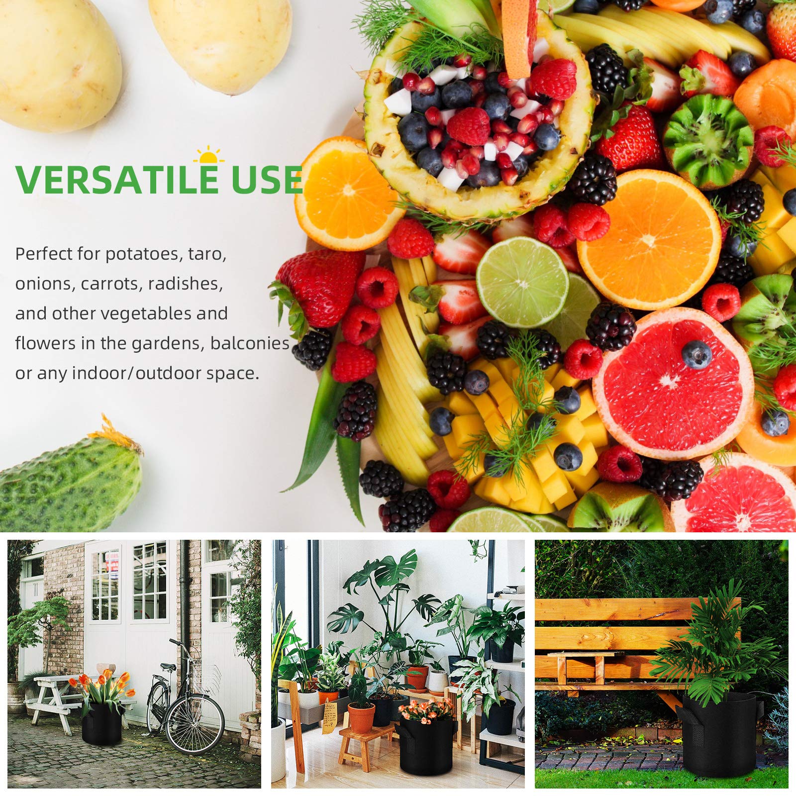 Paquete de 12 bolsas de cultivo de plantas de 15 galones, contenedores de bolsas de vegetales, macetas de tela no tejida gruesa con asas, plantas, frutas al aire libre (negro)