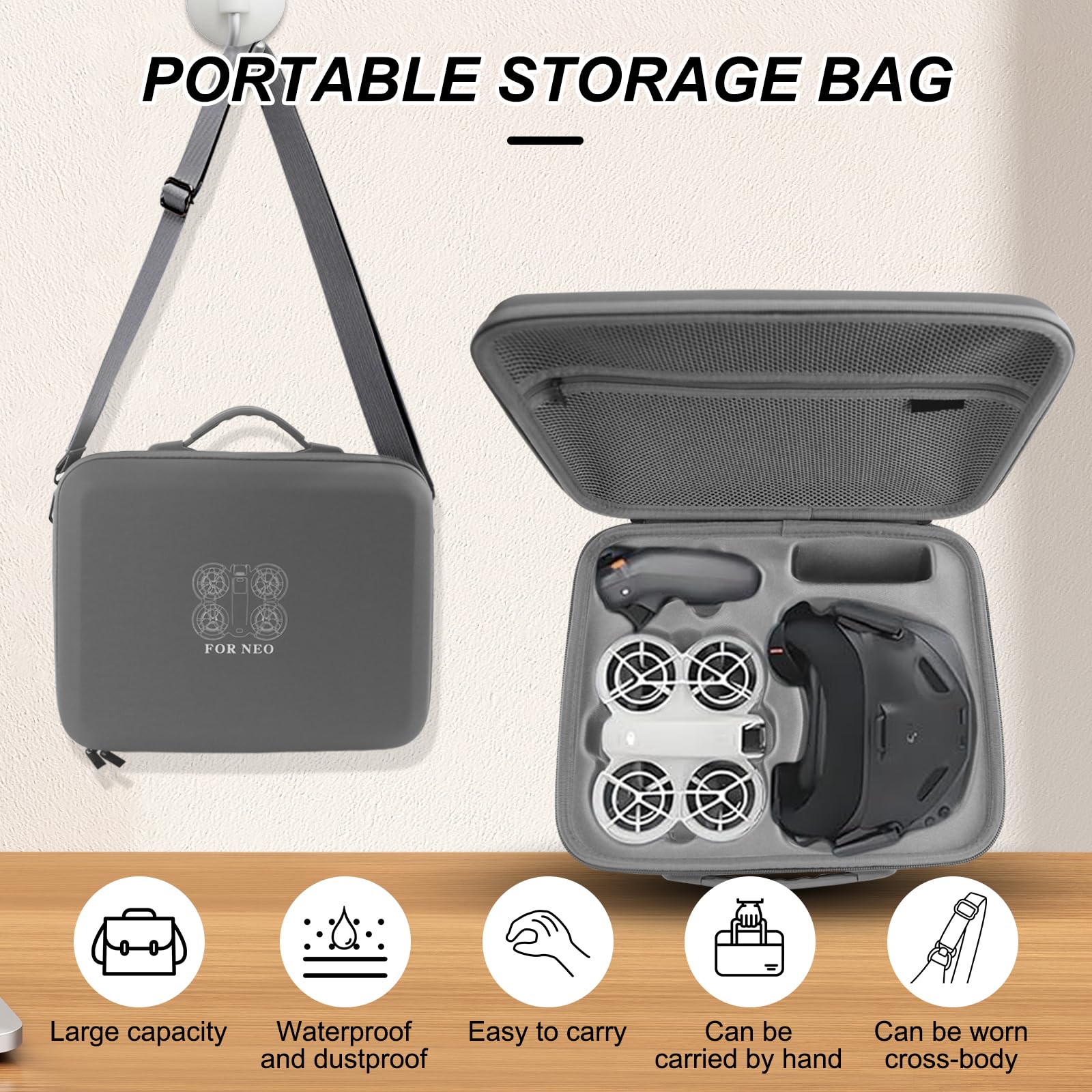 Leichte Tragetasche kompatibel mit DJI Neo Fly More Combo,PU-Leder Harte Tragetasche mit Schultergurt,Aufbewahrungs Tasche,Wasserdichter Koffer,für RC-N3,Propellern und Zwei-Wege-Lade-Hub-Zubehö