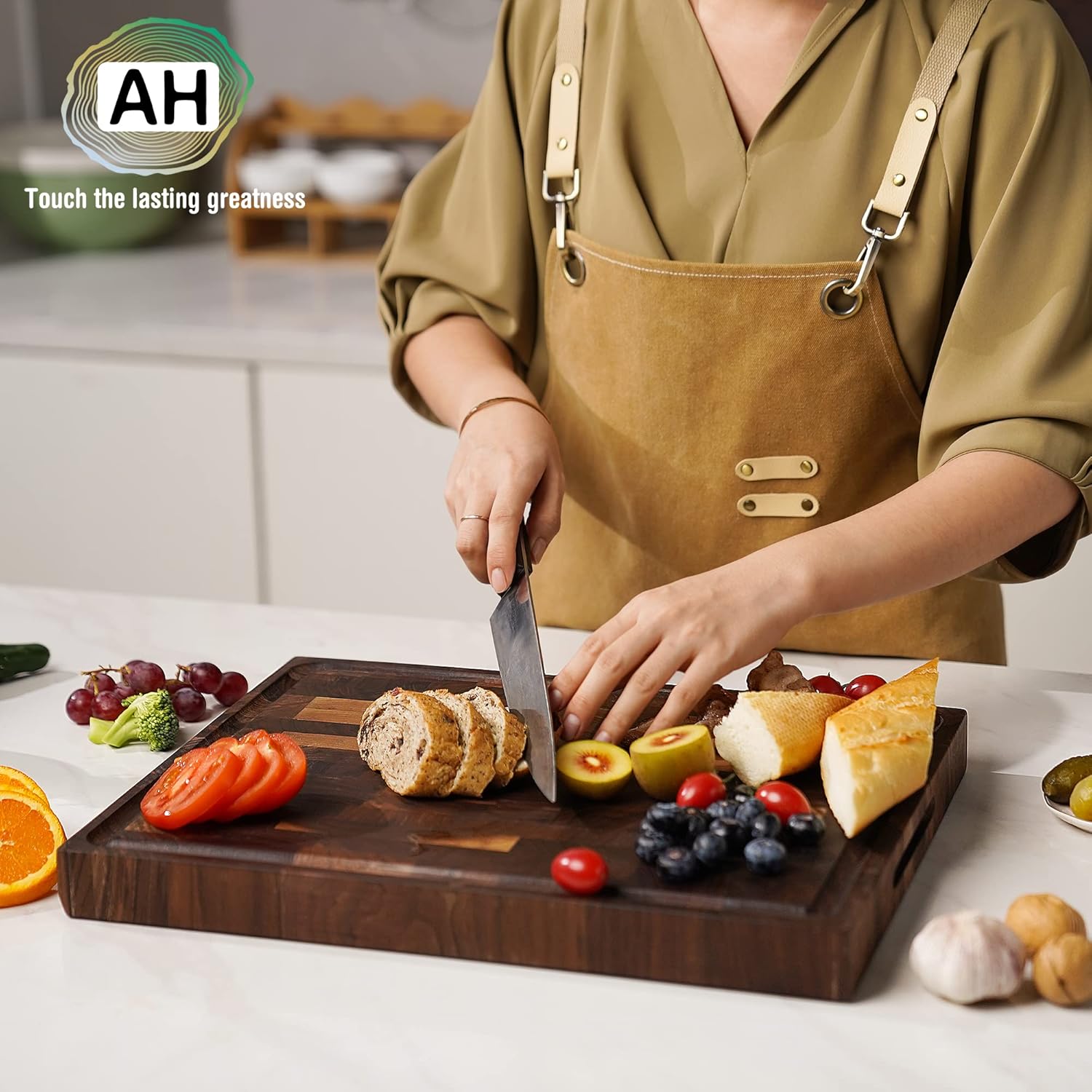 AZRHOM Large End Grain Walnut Wood Cutting Board 17x13x1.5 in Thick Butcher Block for Kitchen with Non-slip Mats Juice Groove & Handles (Gift Box) - Image 4