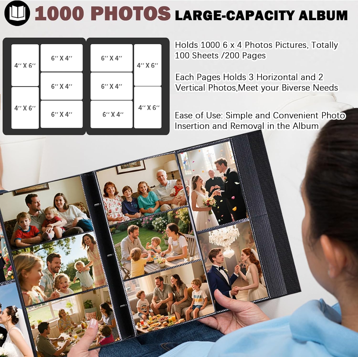 Extra Large Capacity Photo Album 4x6 1000 Pockets, Linen Cover and Front Window, Holds 1000 4x6 Horizontal and Vertical Photos, 4 x 6 Picture Book for Family Wedding Anniversary Vacation, Black