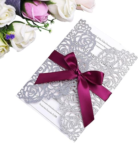 ponatia 25 tarjetas de invitación de boda con purpurina plateada, corte láser, rosa hueca con cinta burdeos para despedida de soltera, compromiso,
