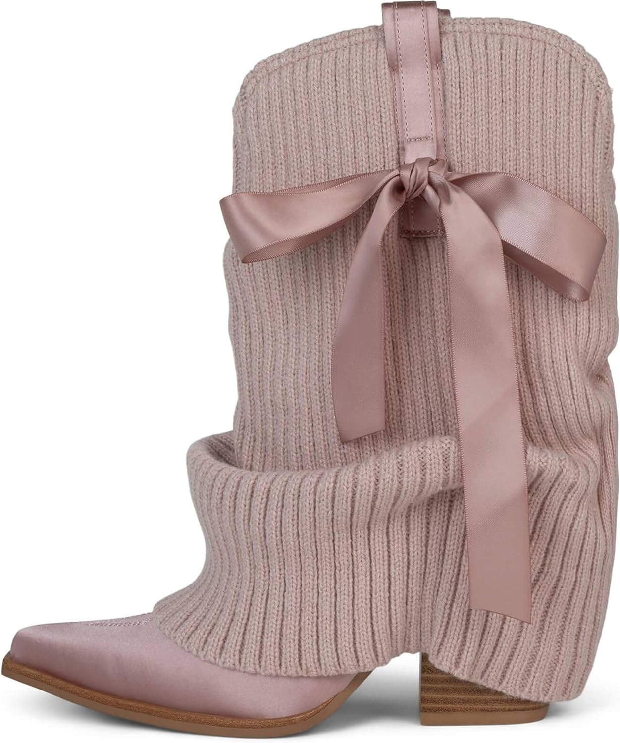 Knitted Cowboy Boots for Women Fold Over Short Cowgirl Boot Slouch Western Mid Calf Booties Pull On Chunky Heels Country Concert Trendy Dressy Shoes