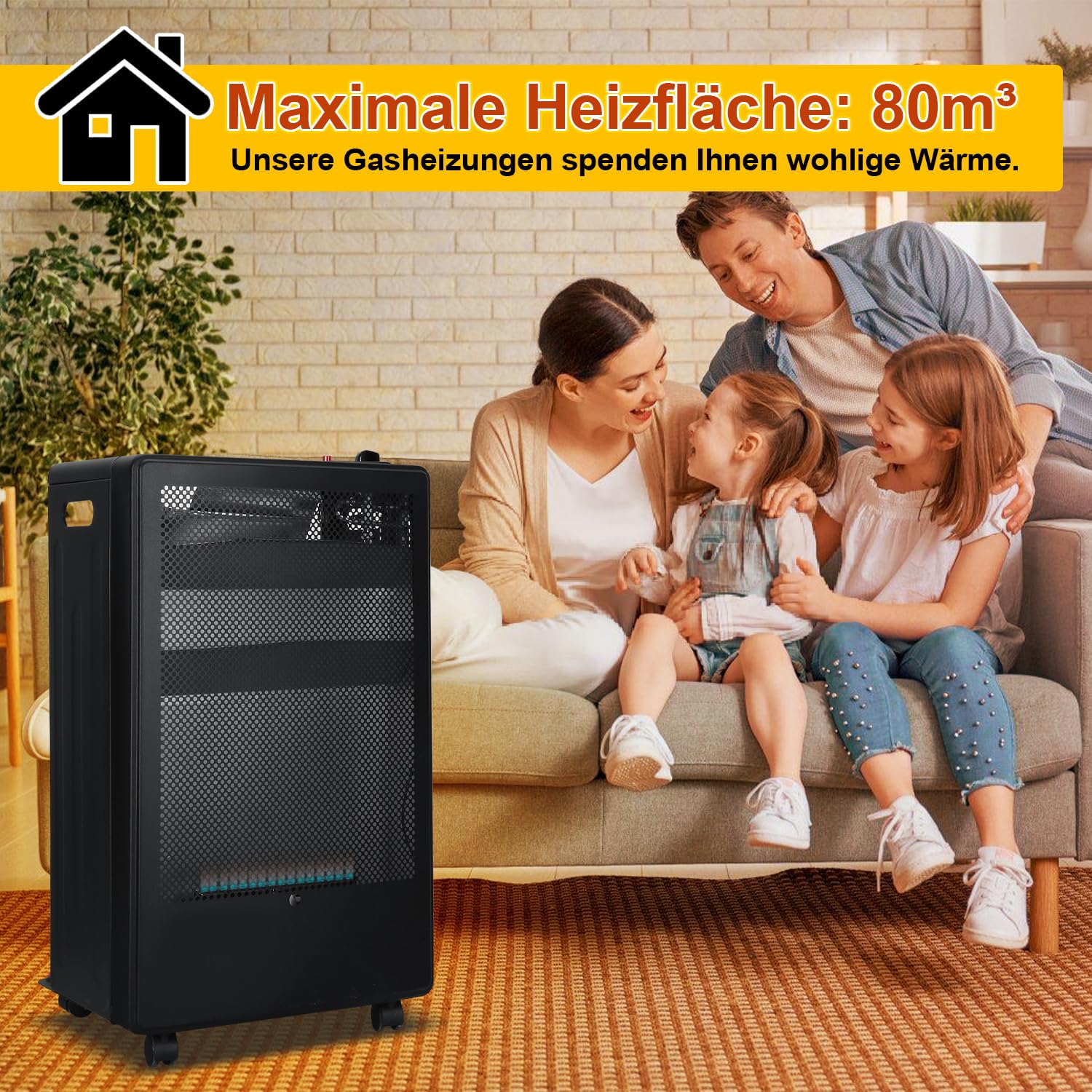 Grzejnik gazowy do wnętrz, 2 stopnie ogrzewania, 2200 i 3800 W, pojemność grzewcza do 80 metrów sześciennych, do butli gazowych do 15 kg, niebieski płomień, palnik ze stali nierdzewnej