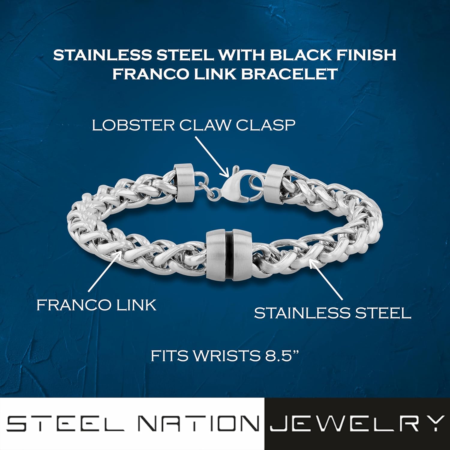 Men's Franco Link Bracelet - Stainless Steel, Black Finish, 8.5", Lobster Claw Clasp - Image 2
