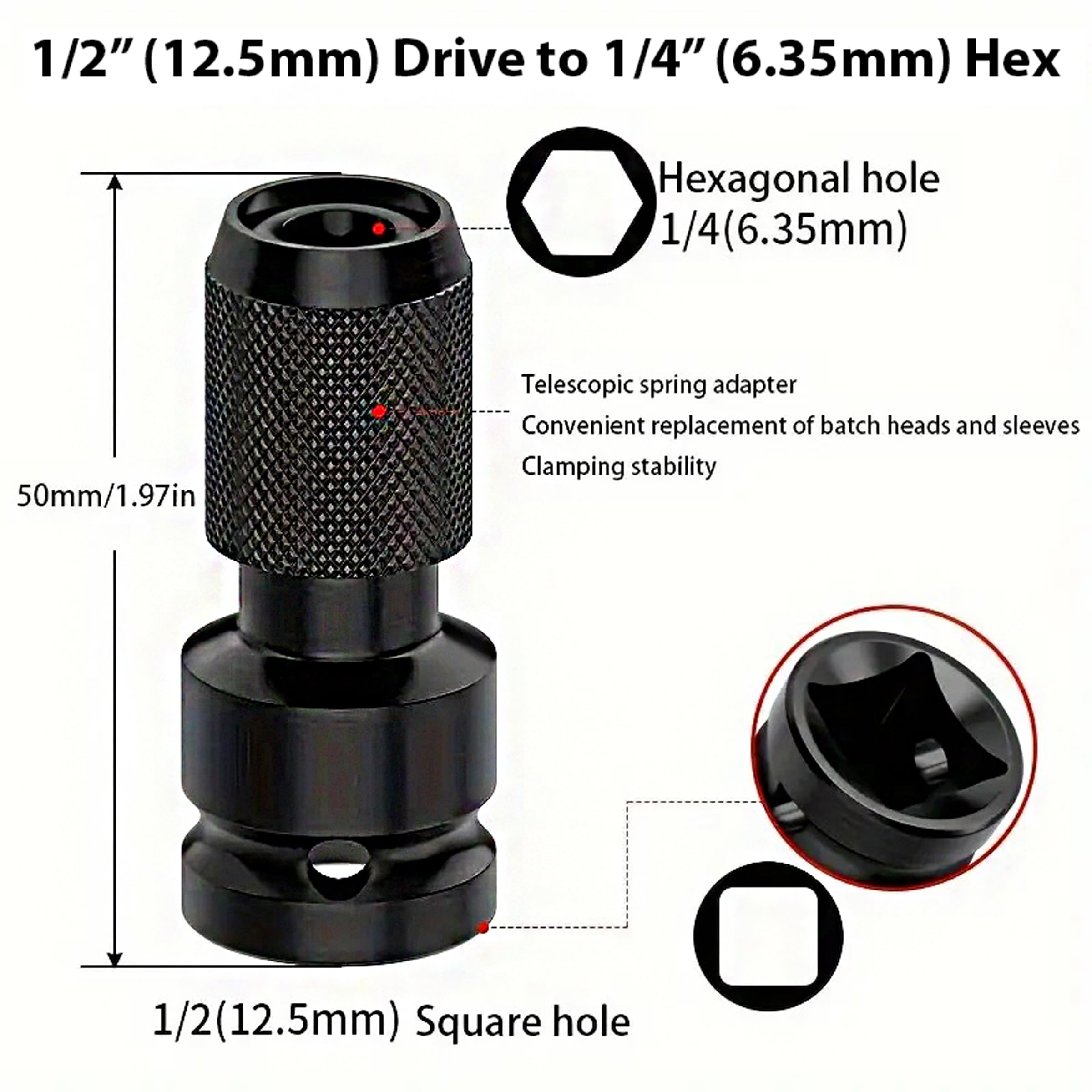 JPT Quick Release Impact Bit Holder, 1/2-Inch Square Drive to 1/4-Inch Hex Socket Adapter, Rapid Release Converter for Impact Wrench 2