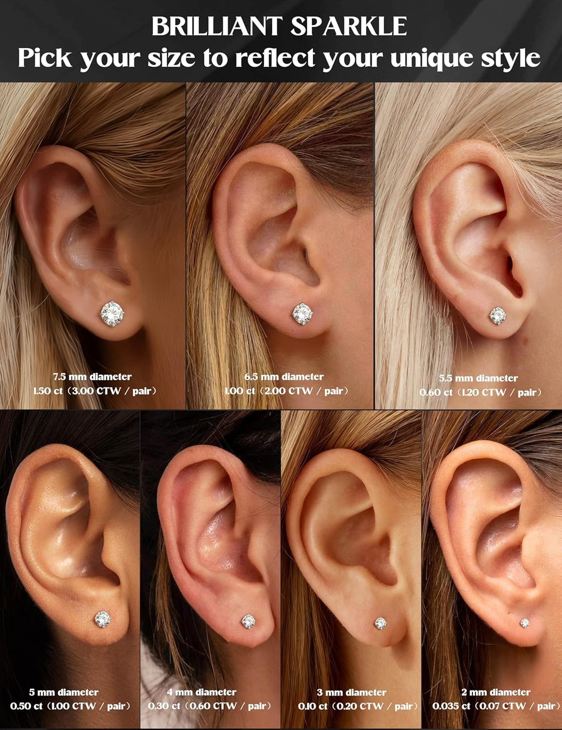 Moissanite Earrings Studs : 18K Gold Plated Solid 925 Sterling Silver Stud Earring for Women Men Hypoallergenic Dainty Moissanite Jewelry for Sensitive Ears Round Cut D Color VVS1 2-7.5mm - Image 6