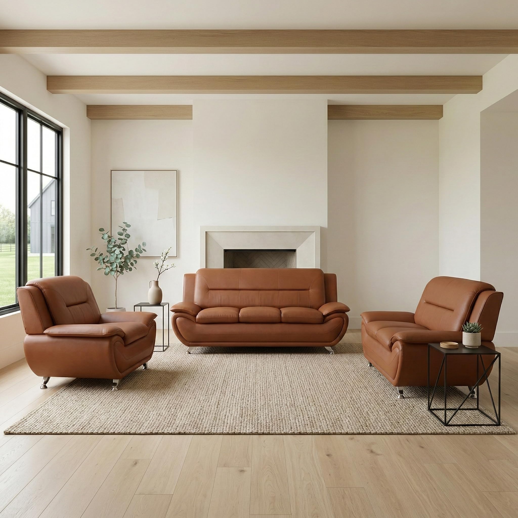 Living Room Sofa Set 3 Piece Faux Leather Sofa Set - Modern Couch Set with Deep Seat Strong
